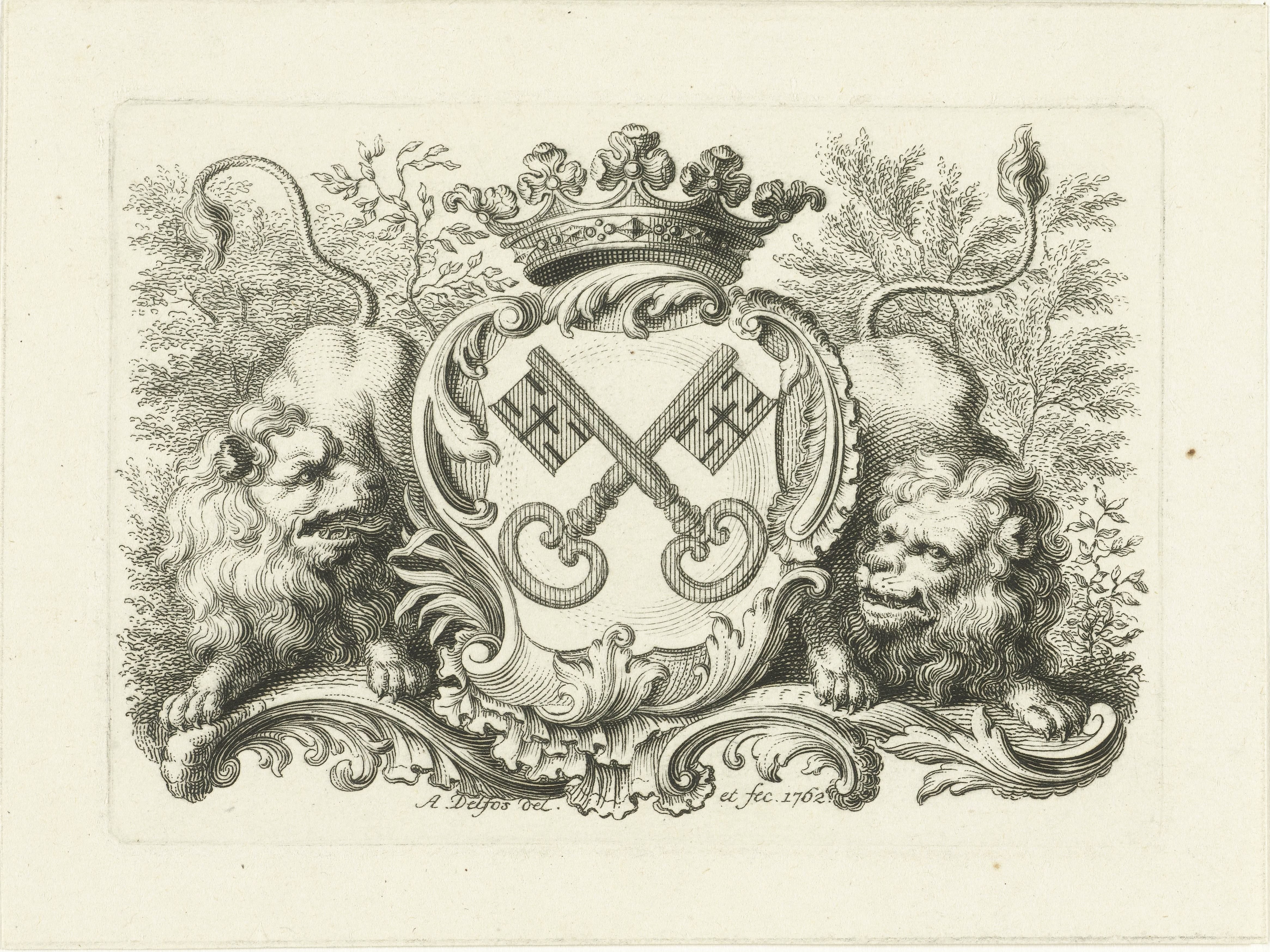 Wapen van stad Leiden in cartouche, met twee leeuwen