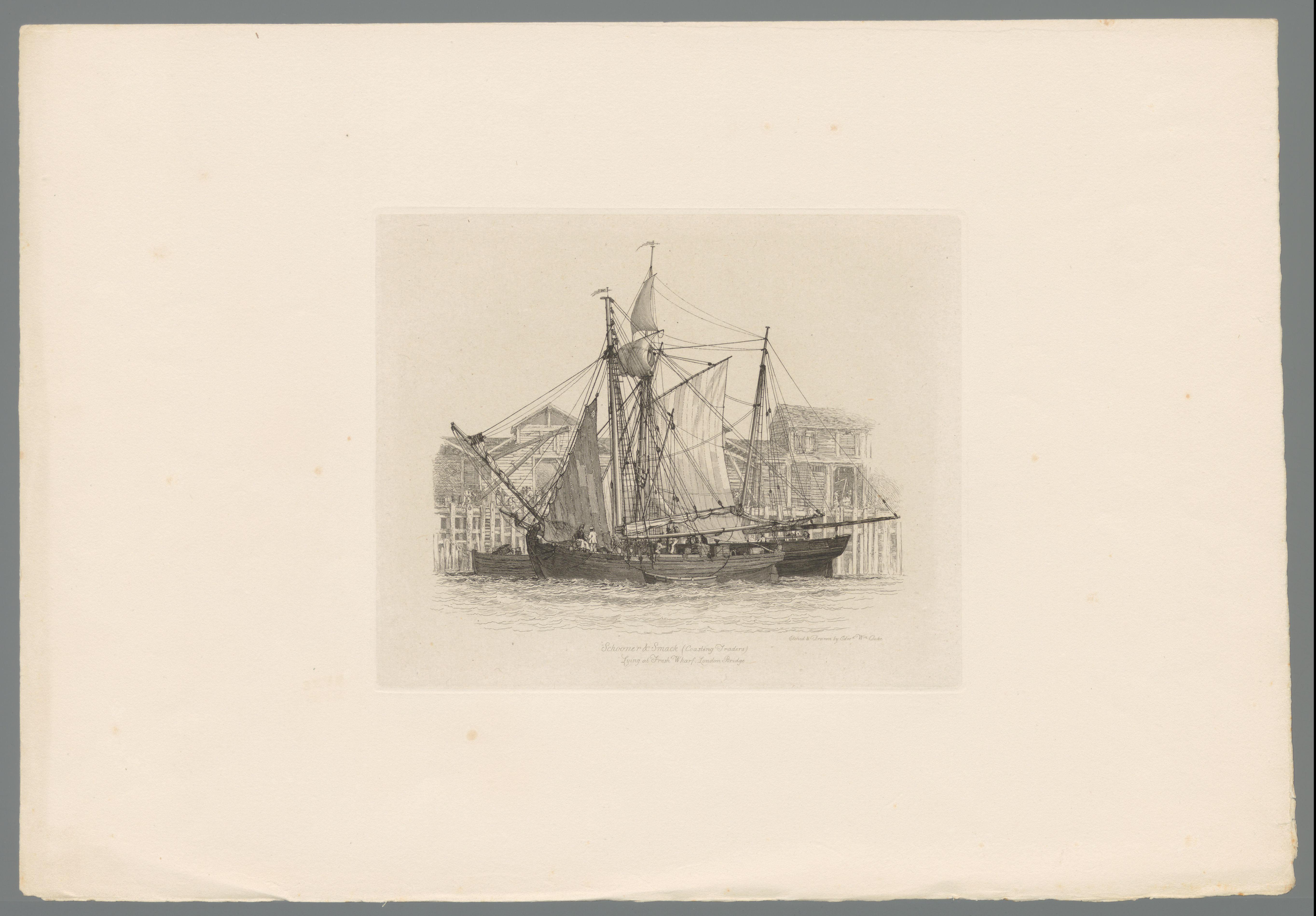 Figuren laden de vracht van een schip uit in een werf bij London Bridge