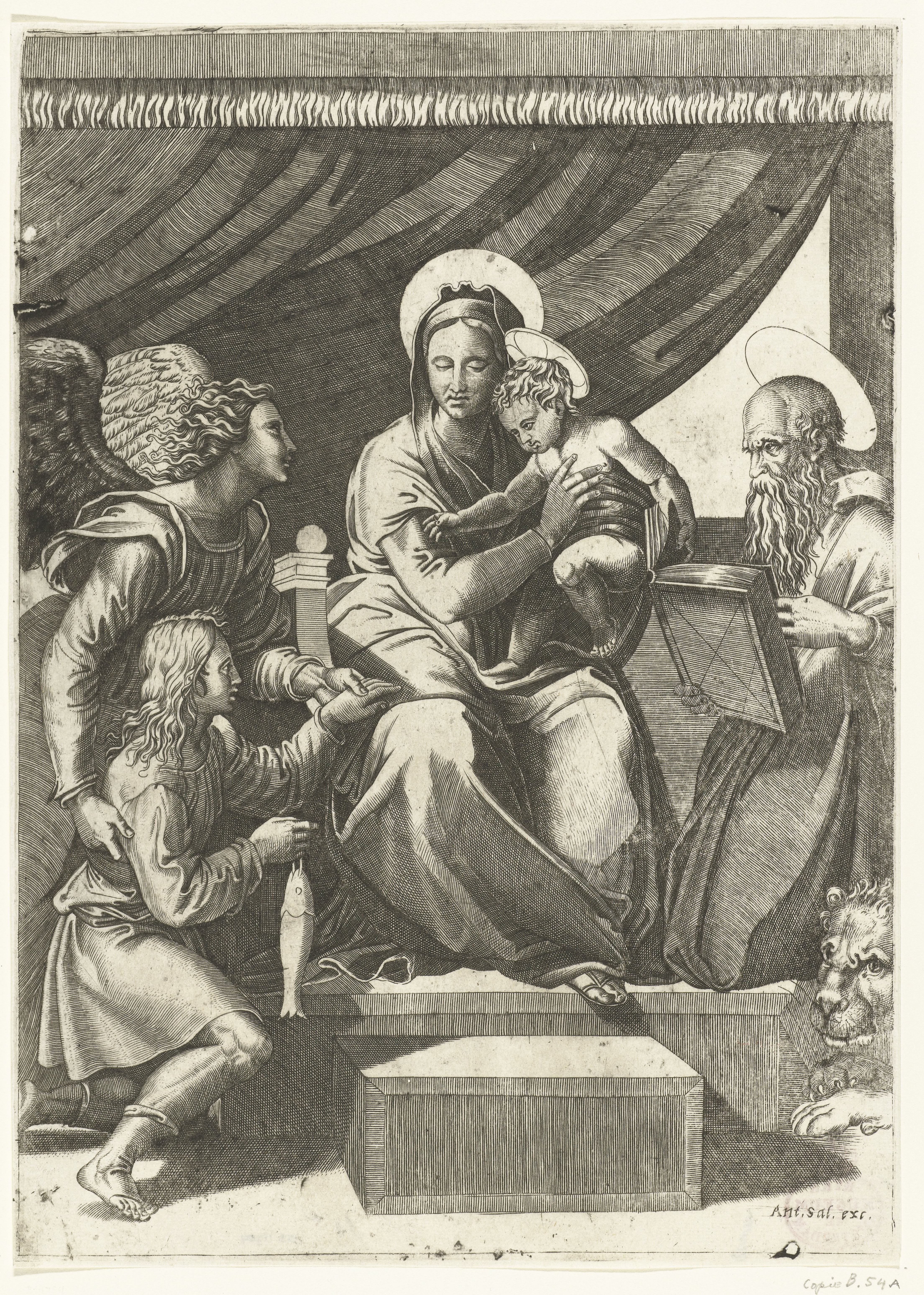 Maria met kind geflankeerd door aartsengel Michaël met Tobias met vis en heilige Hieronymus