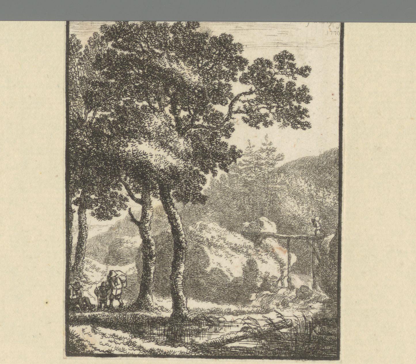 Landschap met reizigers en een houten brug bij een waterval