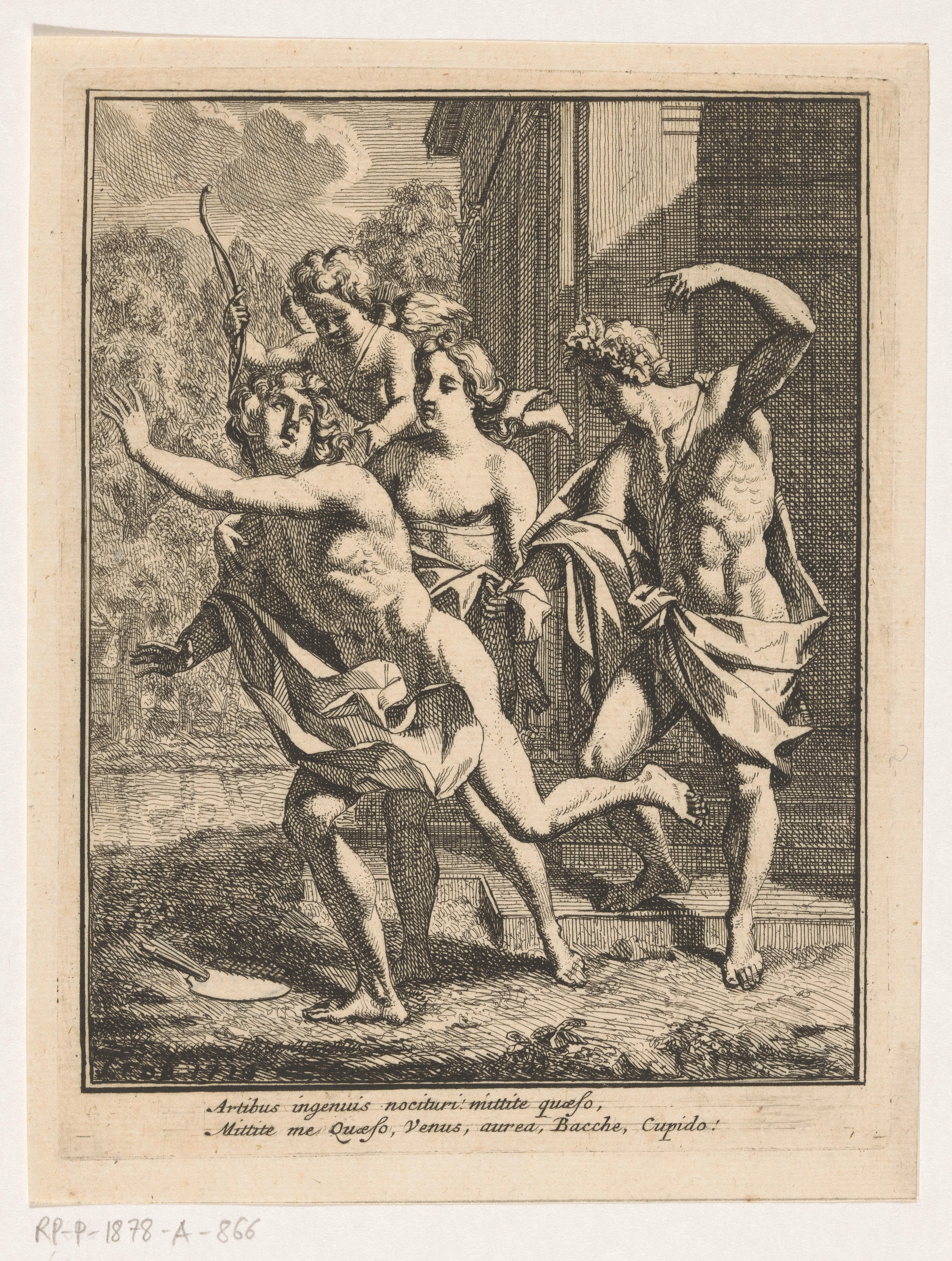 Een jonge man vlucht voor Bacchus, Venus en Amor