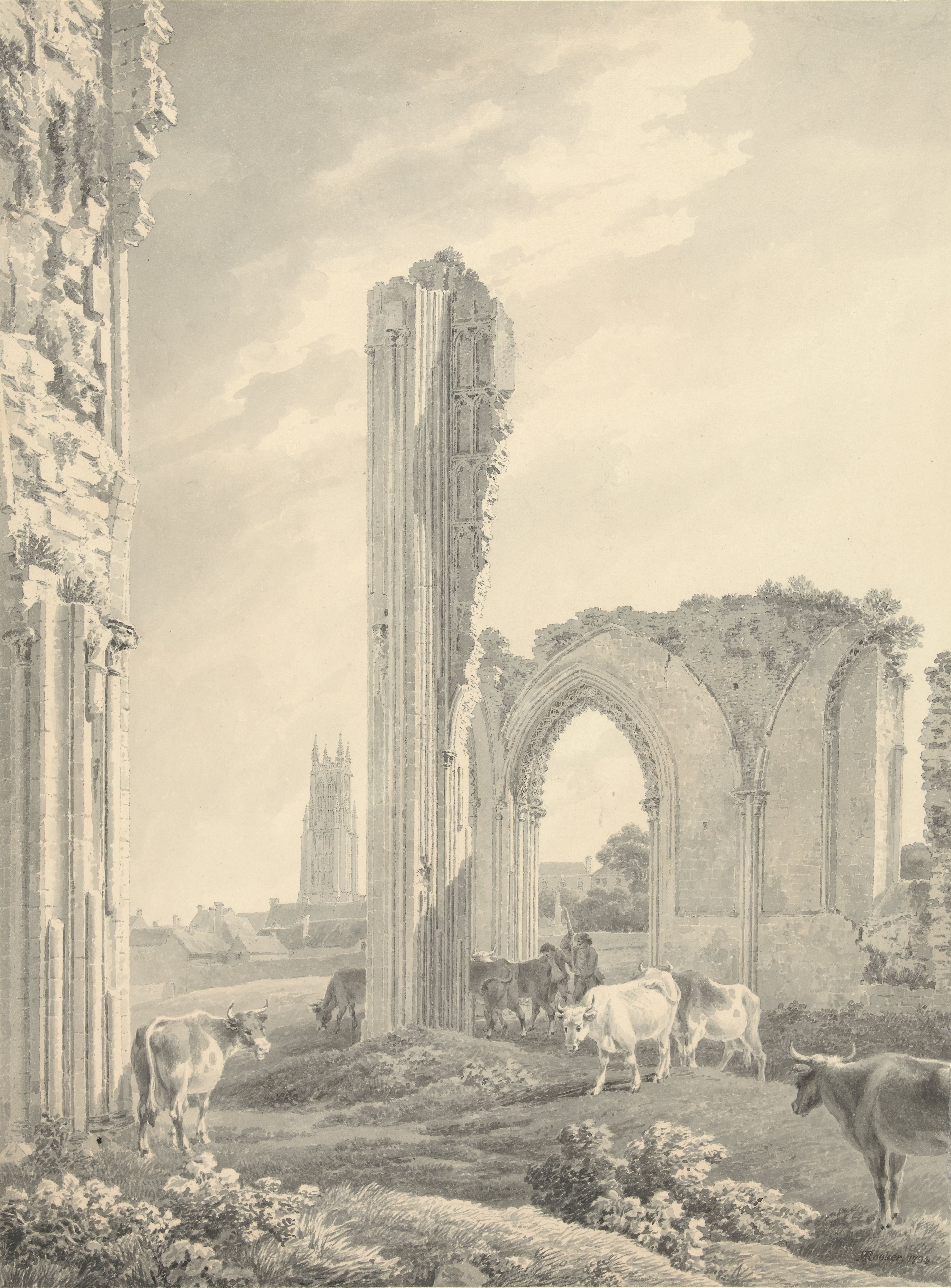 Ruïne van Glastonbury Abbey met de toren van St. John op de achtergrond