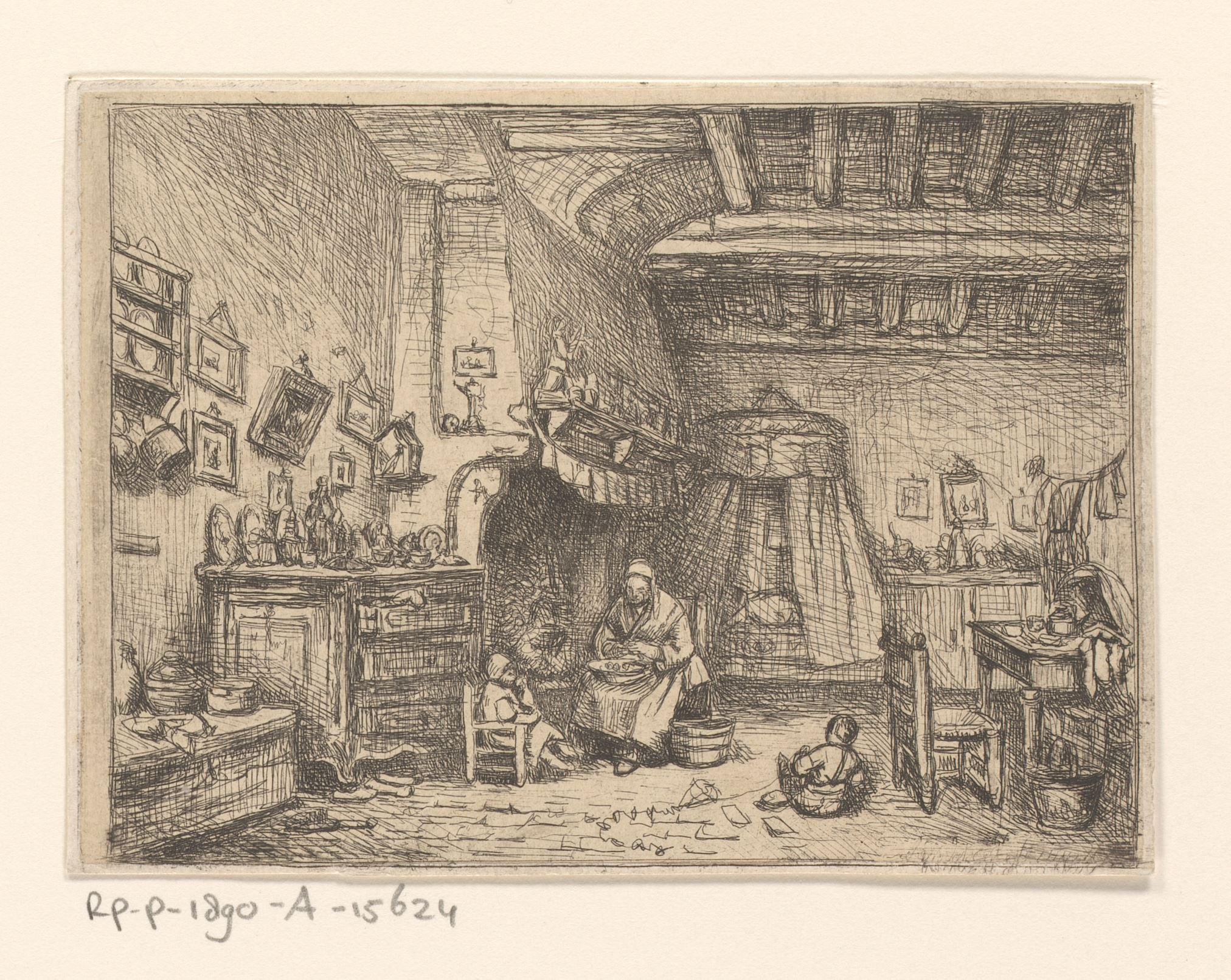 Interieur met een vrouw en twee kinderen