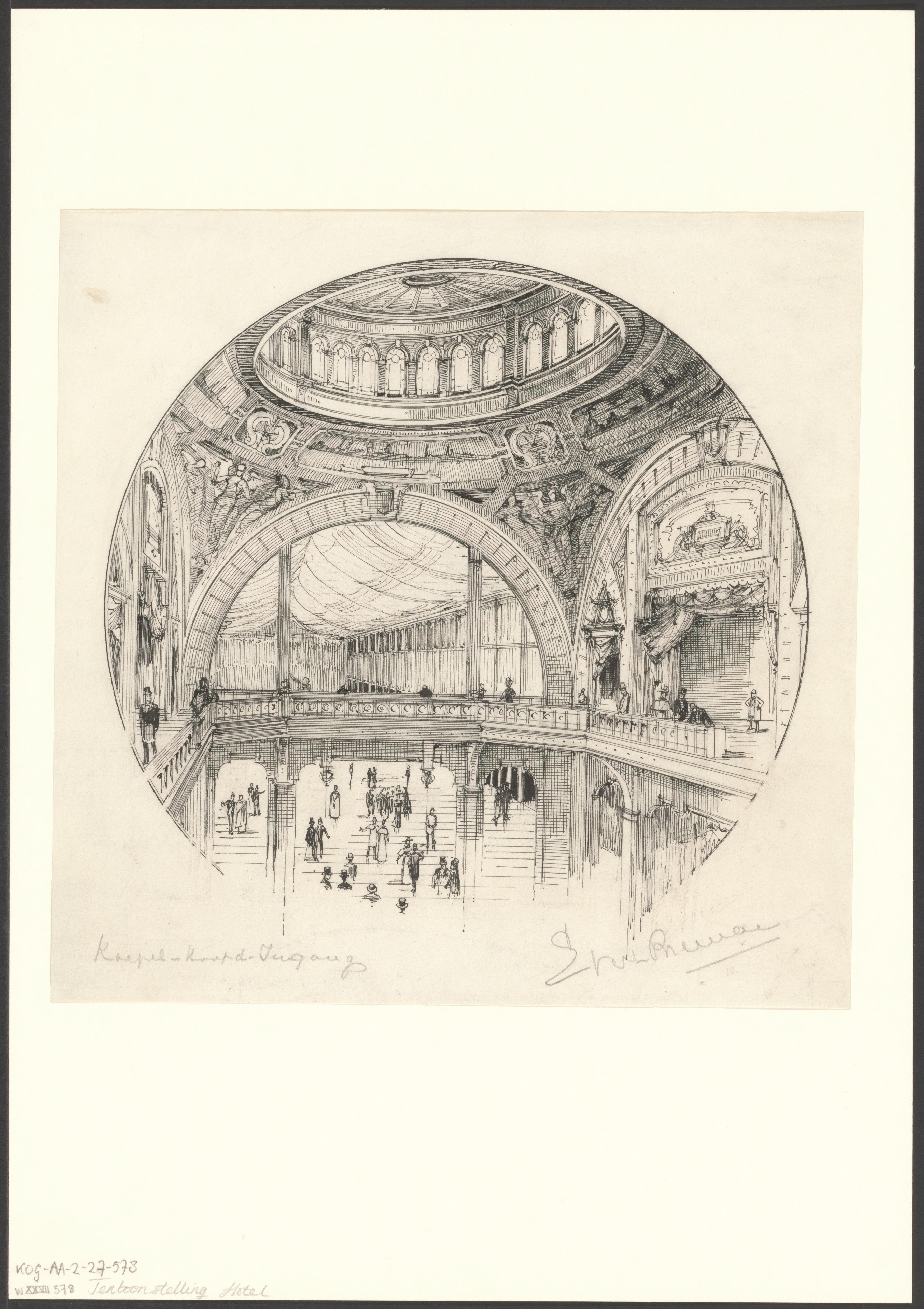 Gezicht op de hoofdingang en de koepel van het hoofdgebouw van de Wereldtentoonstelling voor het Hotel- en Reiswezen in 1895