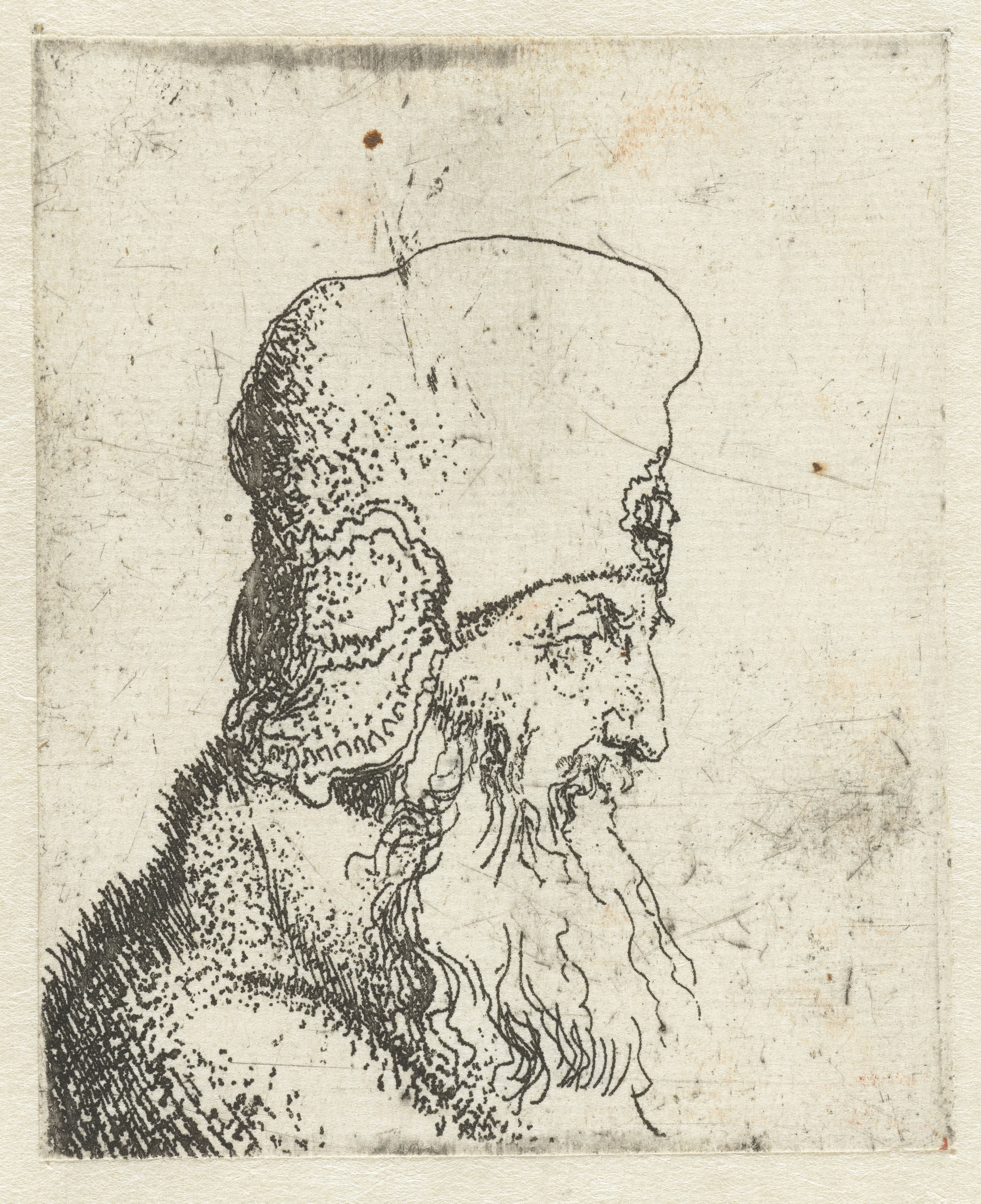 Hoofd van een oude man met baard en een hoge muts