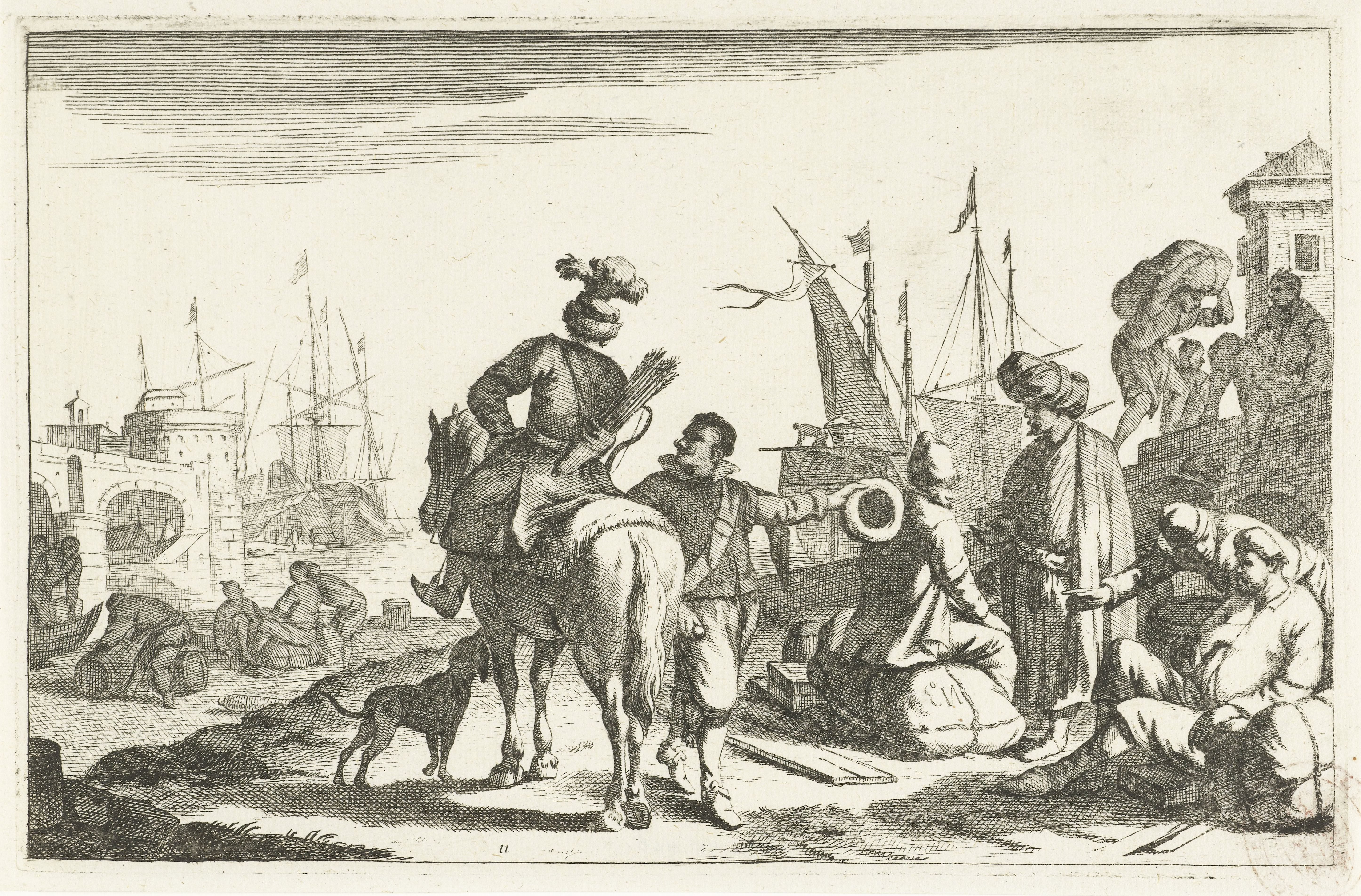 Haven met kooplieden en ruiter