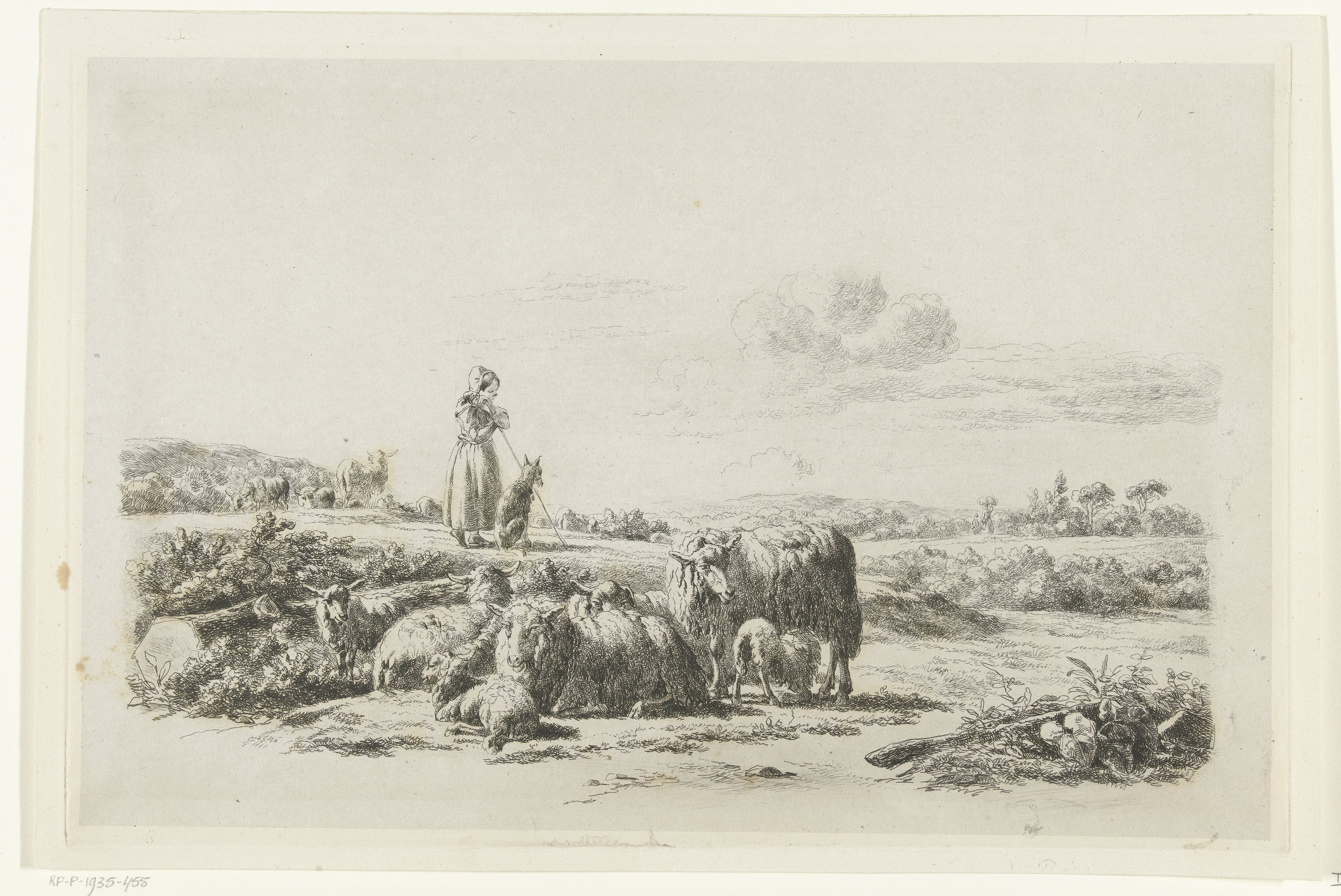 Landschap met herderin en hond bij kudde schapen