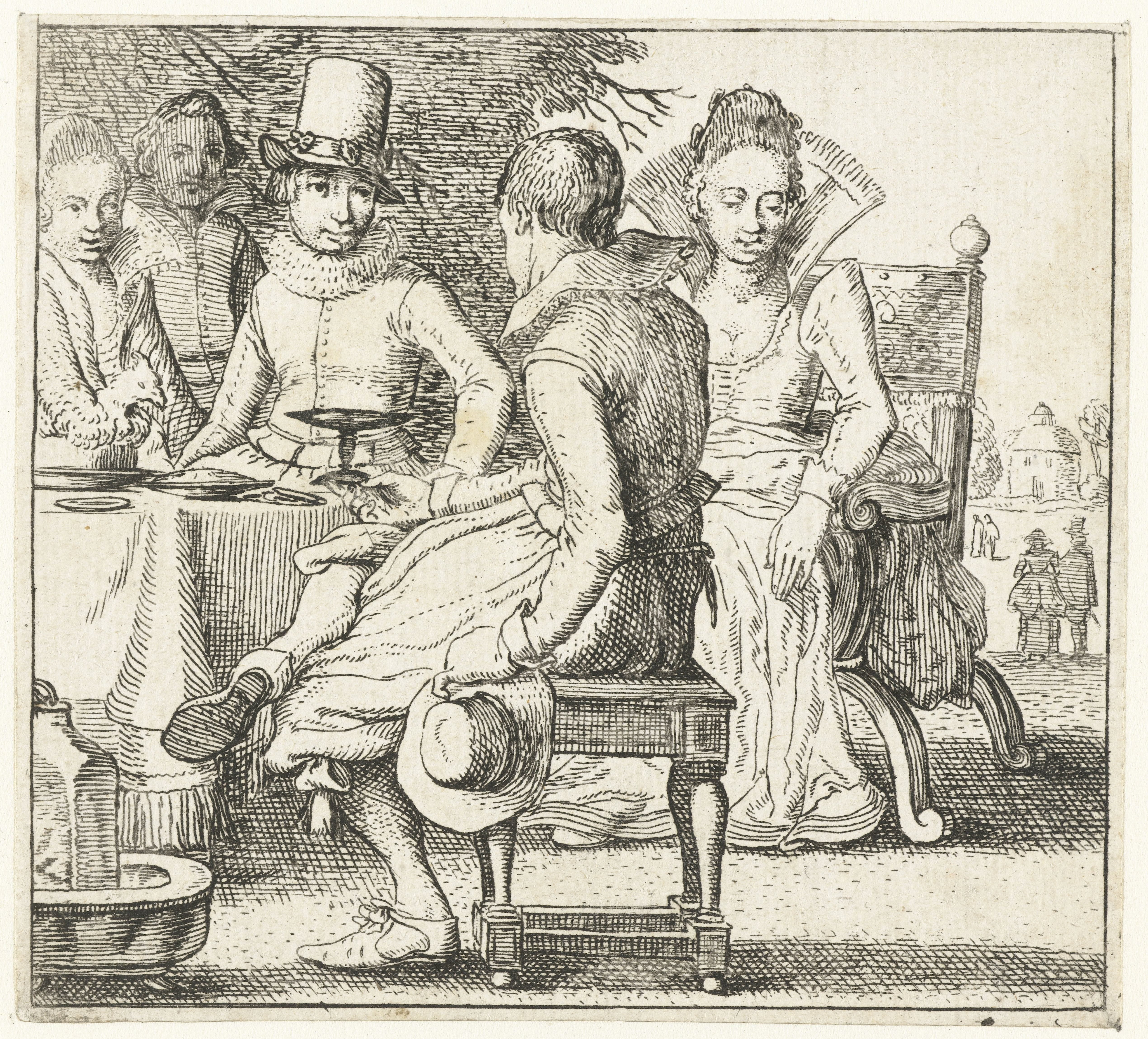 Vijf personen zittend rond een tafel op een terras