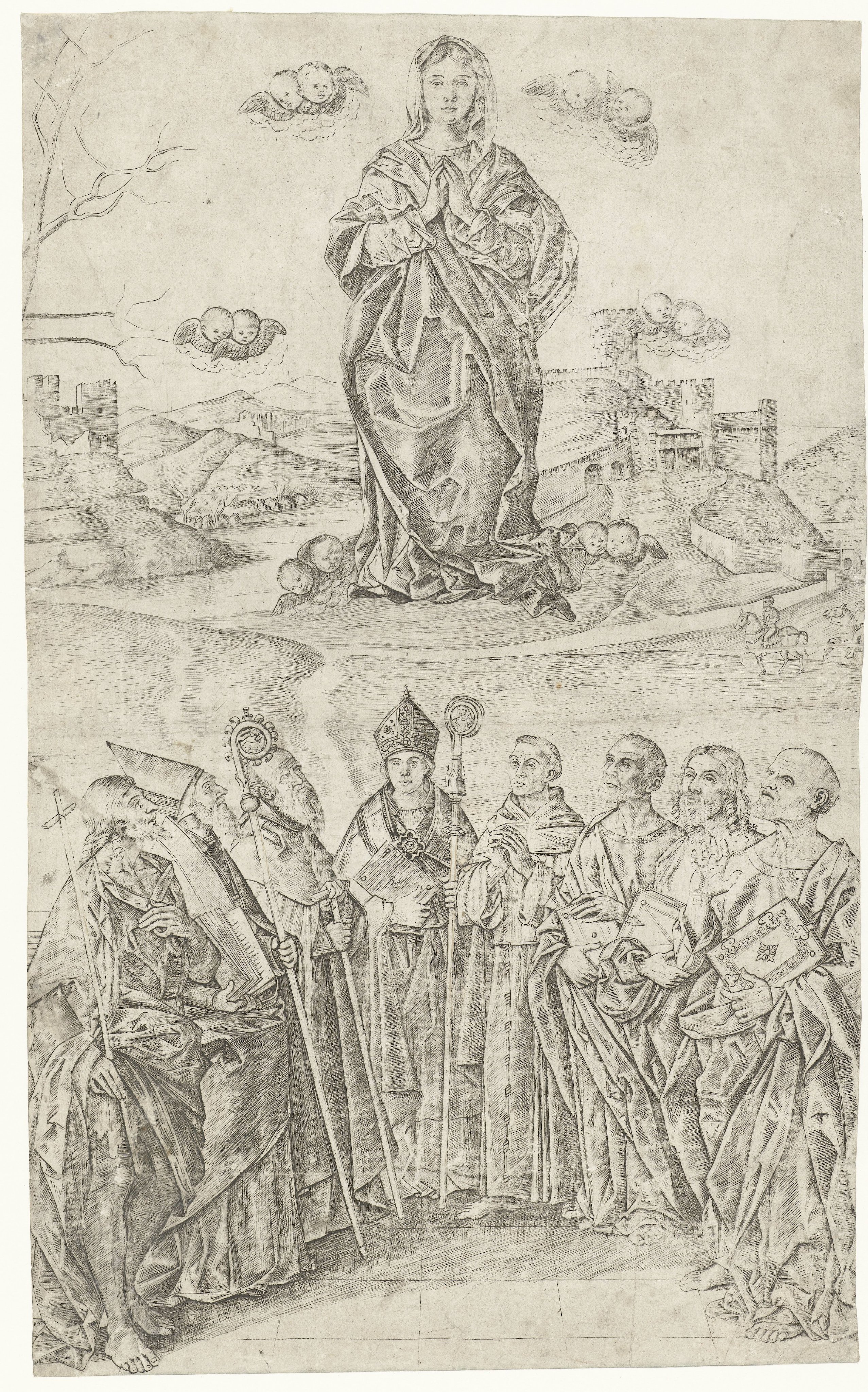 Verheerlijking van Maria met acht heiligen waaronder Johannes de Doper en Antonius de Grote en Franciscus van Assisi