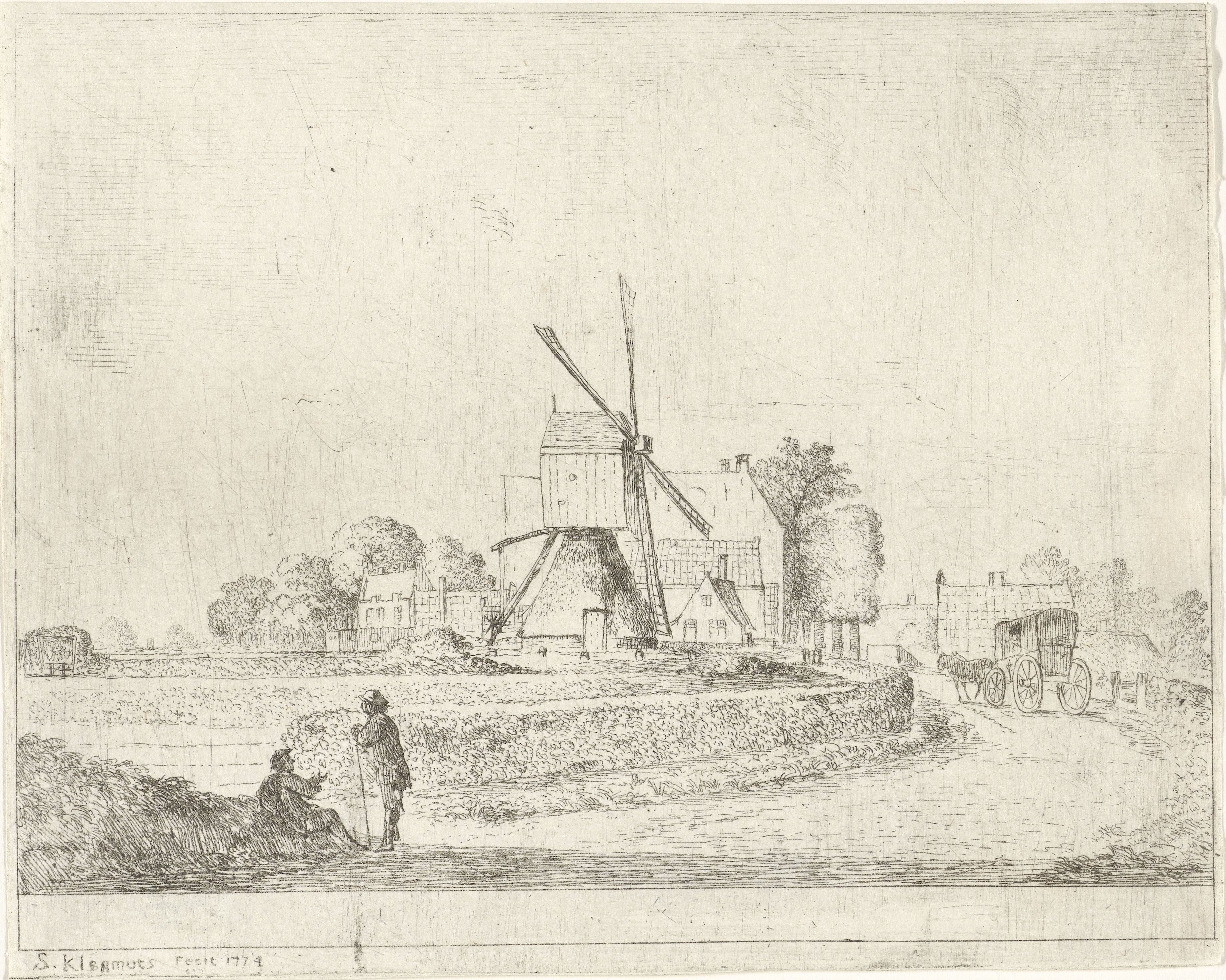 Molen en huizen langs een landweg