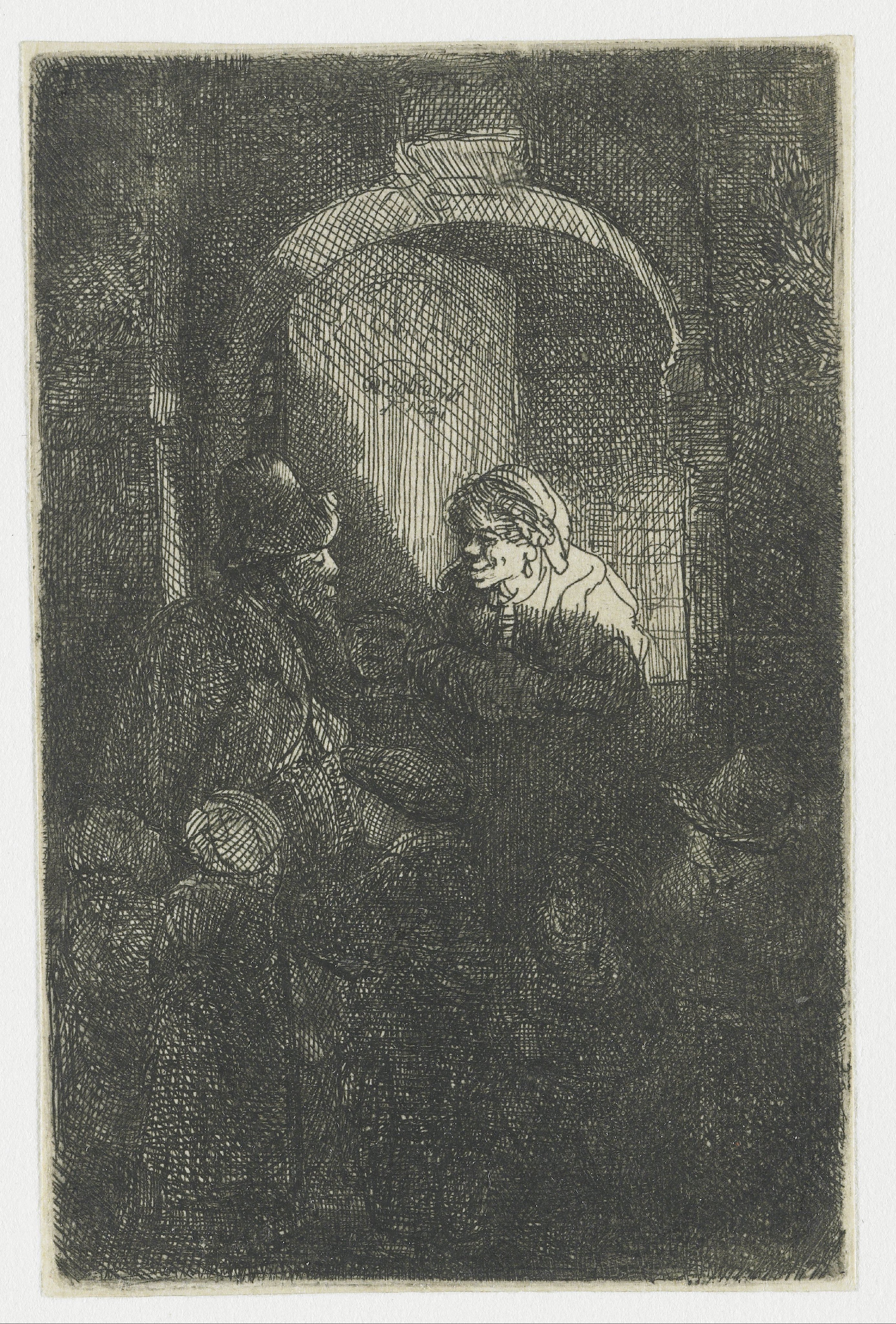 A hurdy-gurdy player followed by children at the door of a house