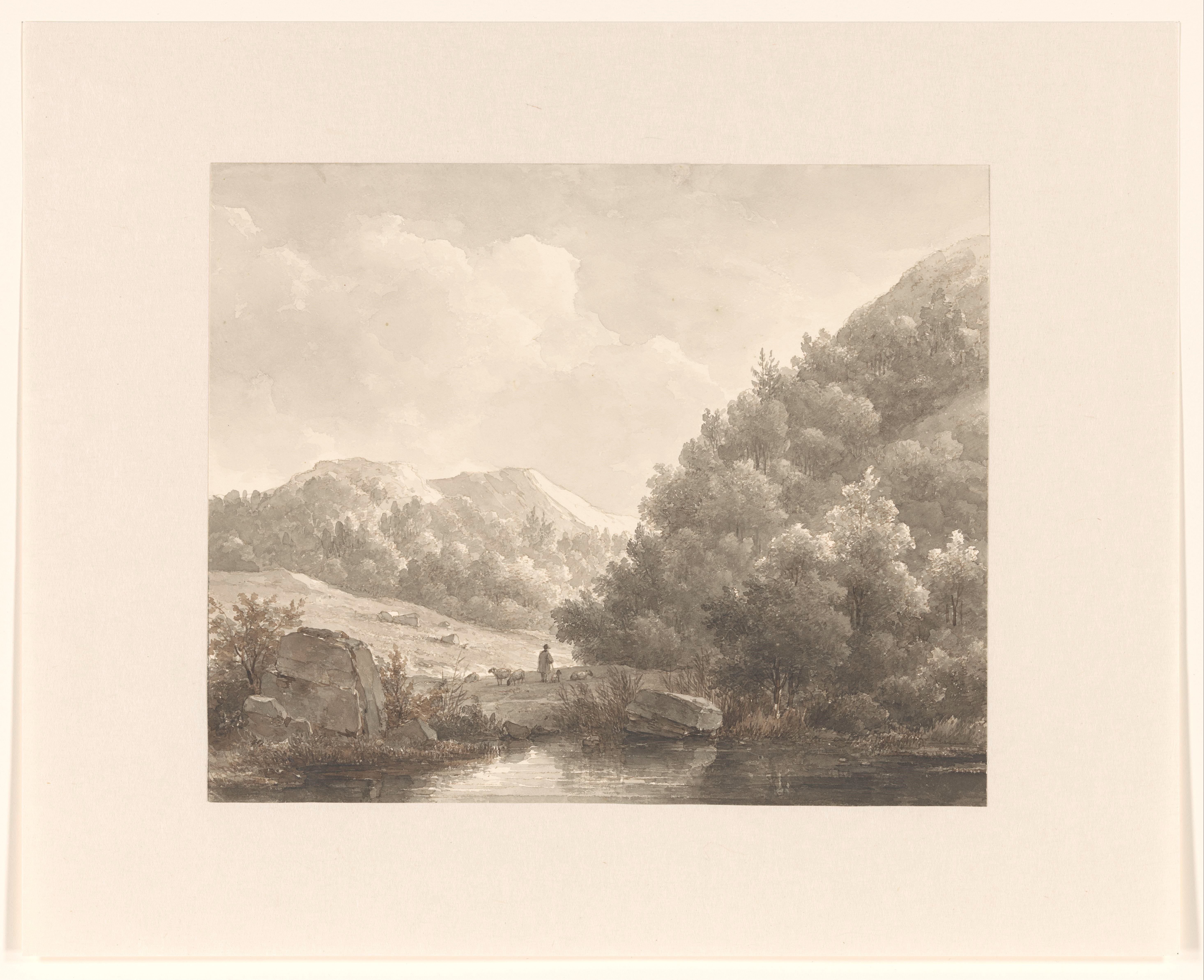 Berglandschap met beekje, herder en schapen