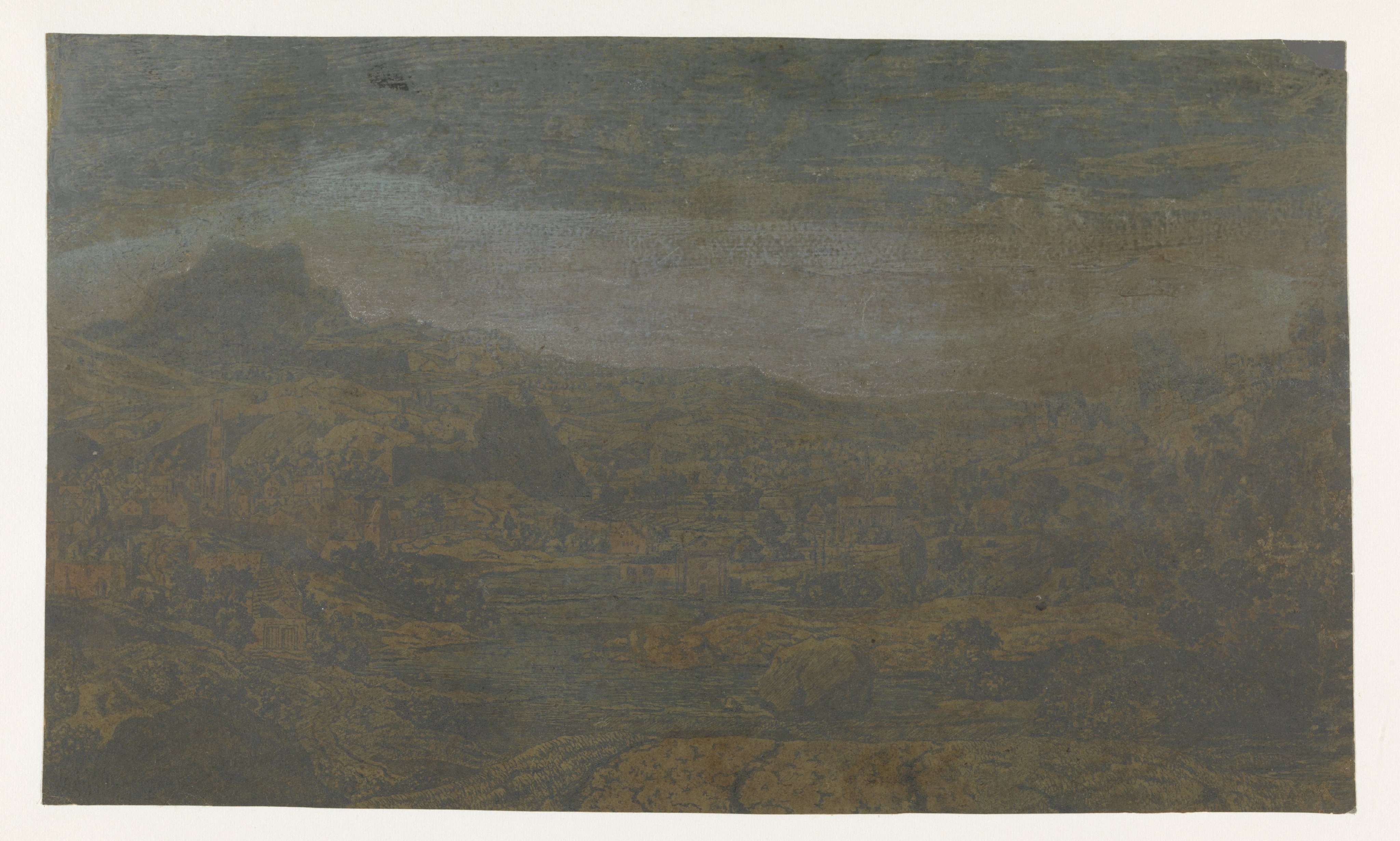 Vallei met een rivier en een stad met vier torens