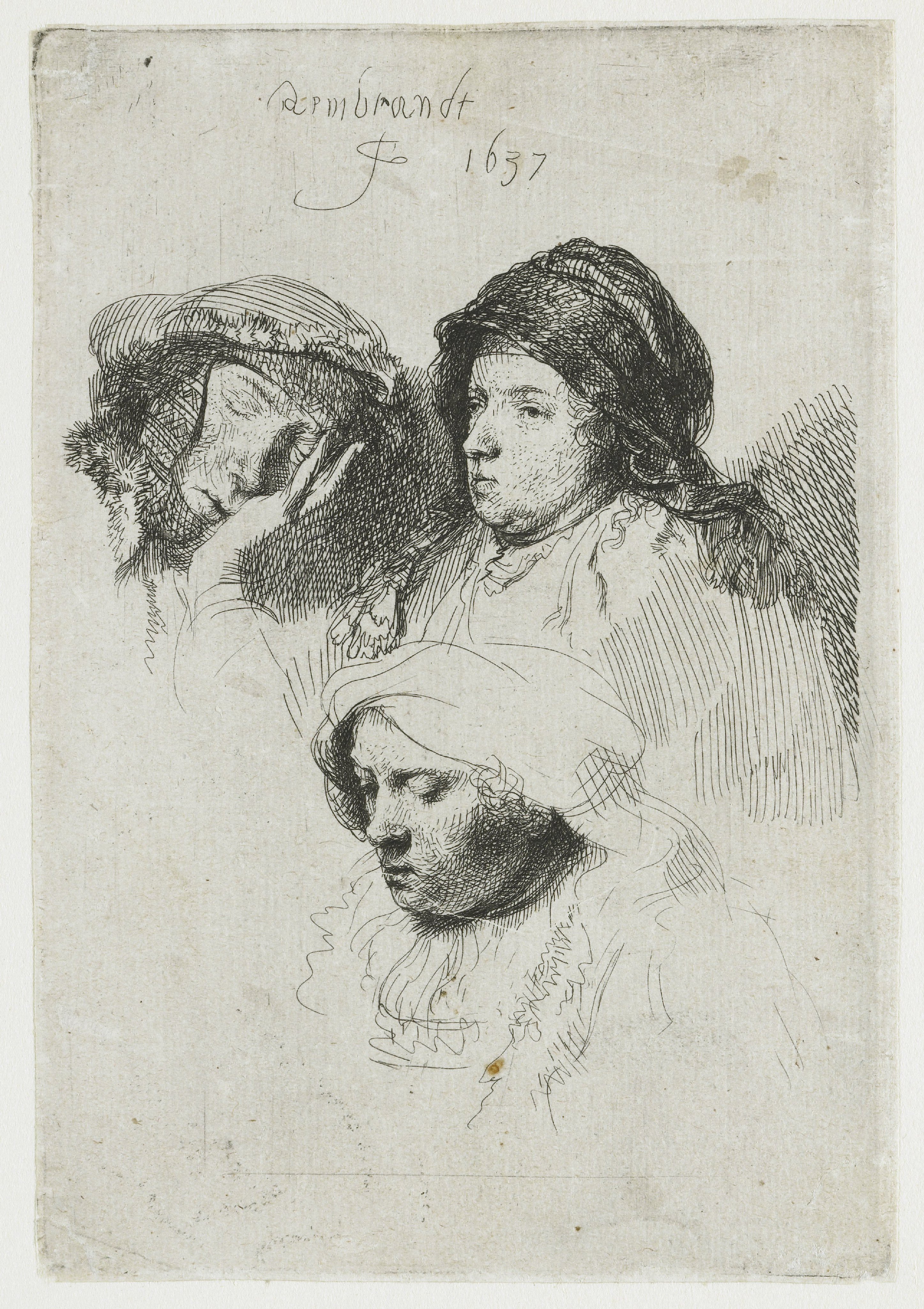 Three heads of women: one asleep