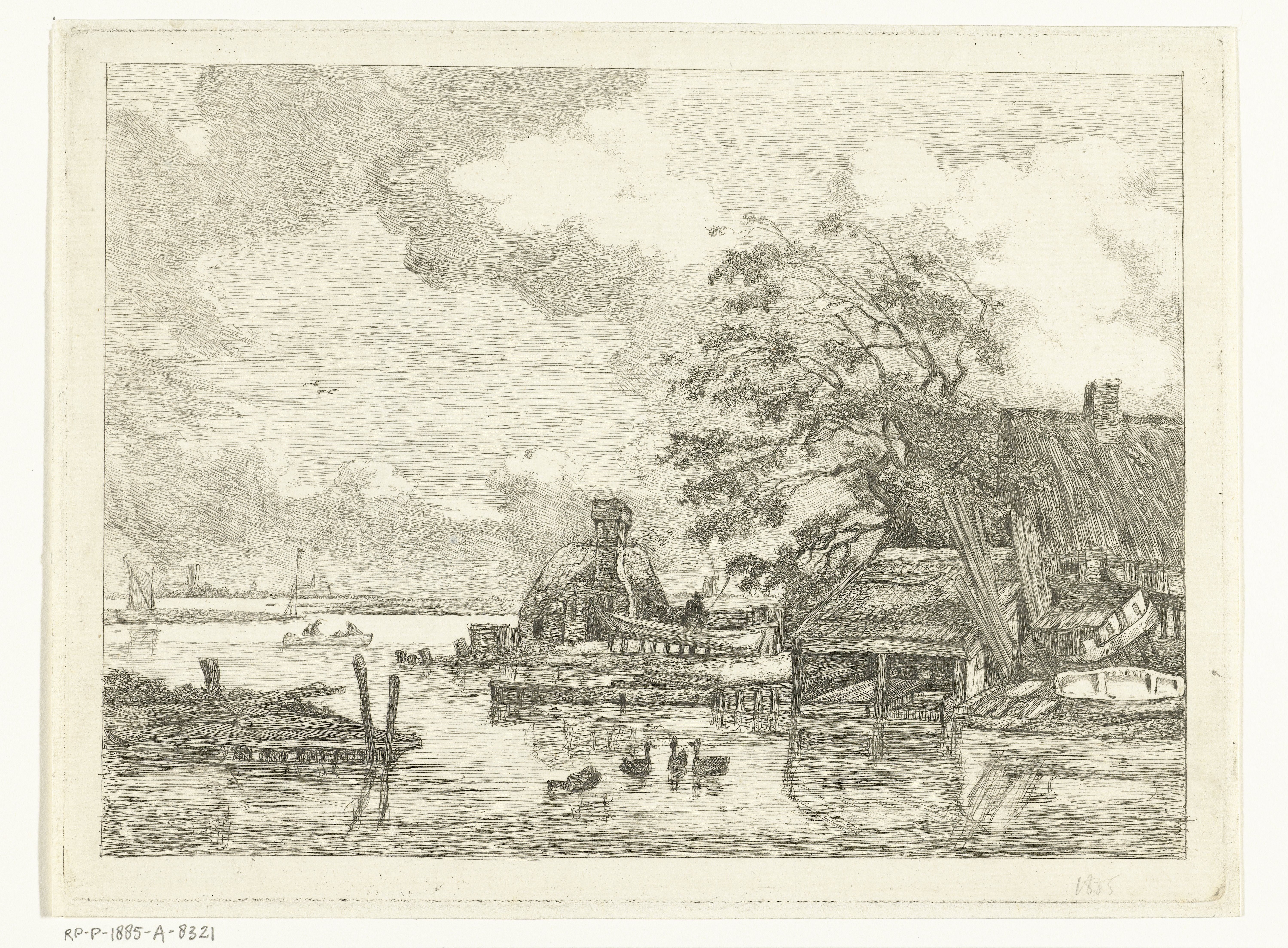 Gezicht op het Spaarne met scheepstimmerwerf en washuis bij Haarlem