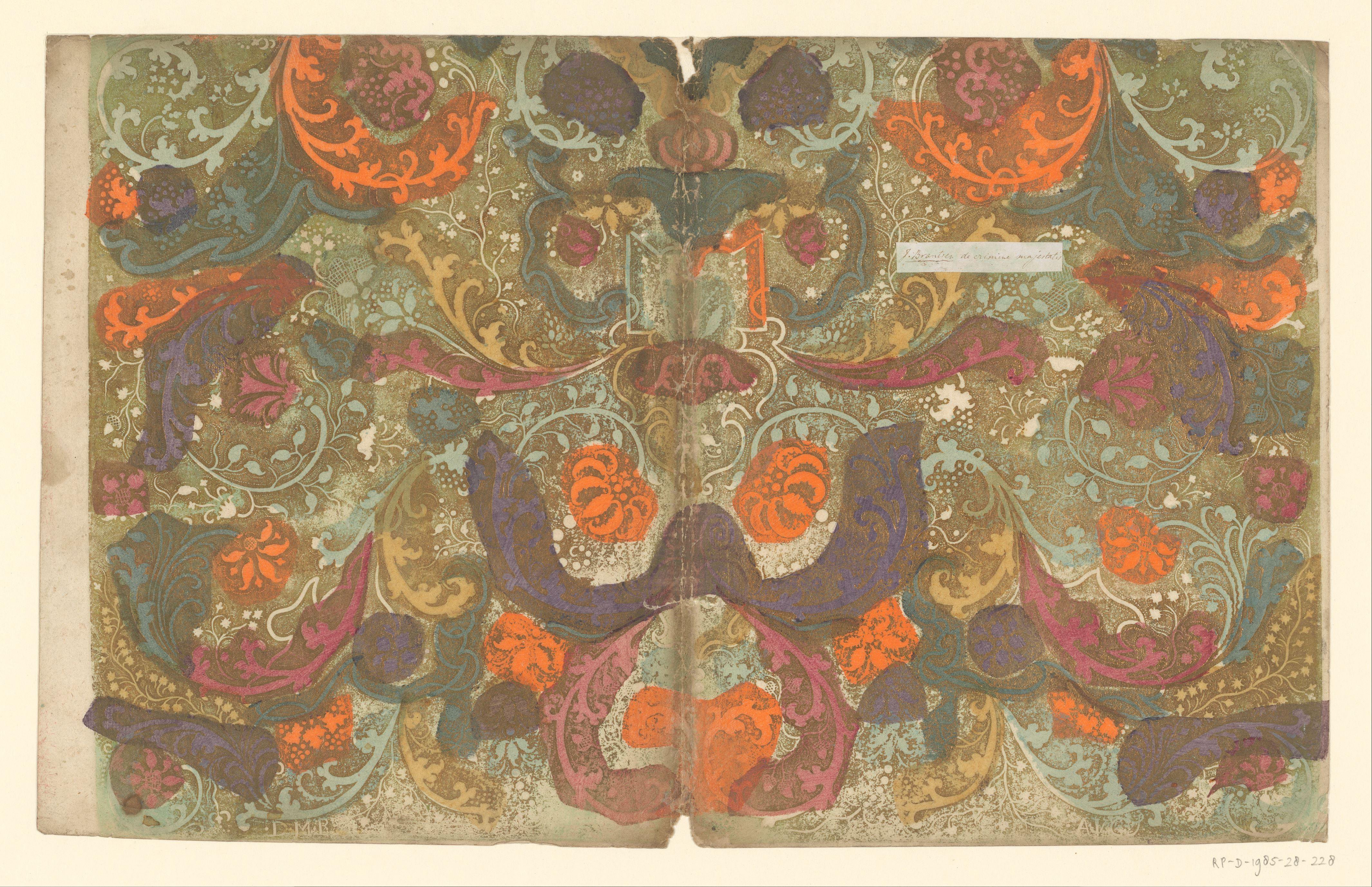 Blad met ranken met bloemen en vruchten, met adres 'DMR' en AVG'
