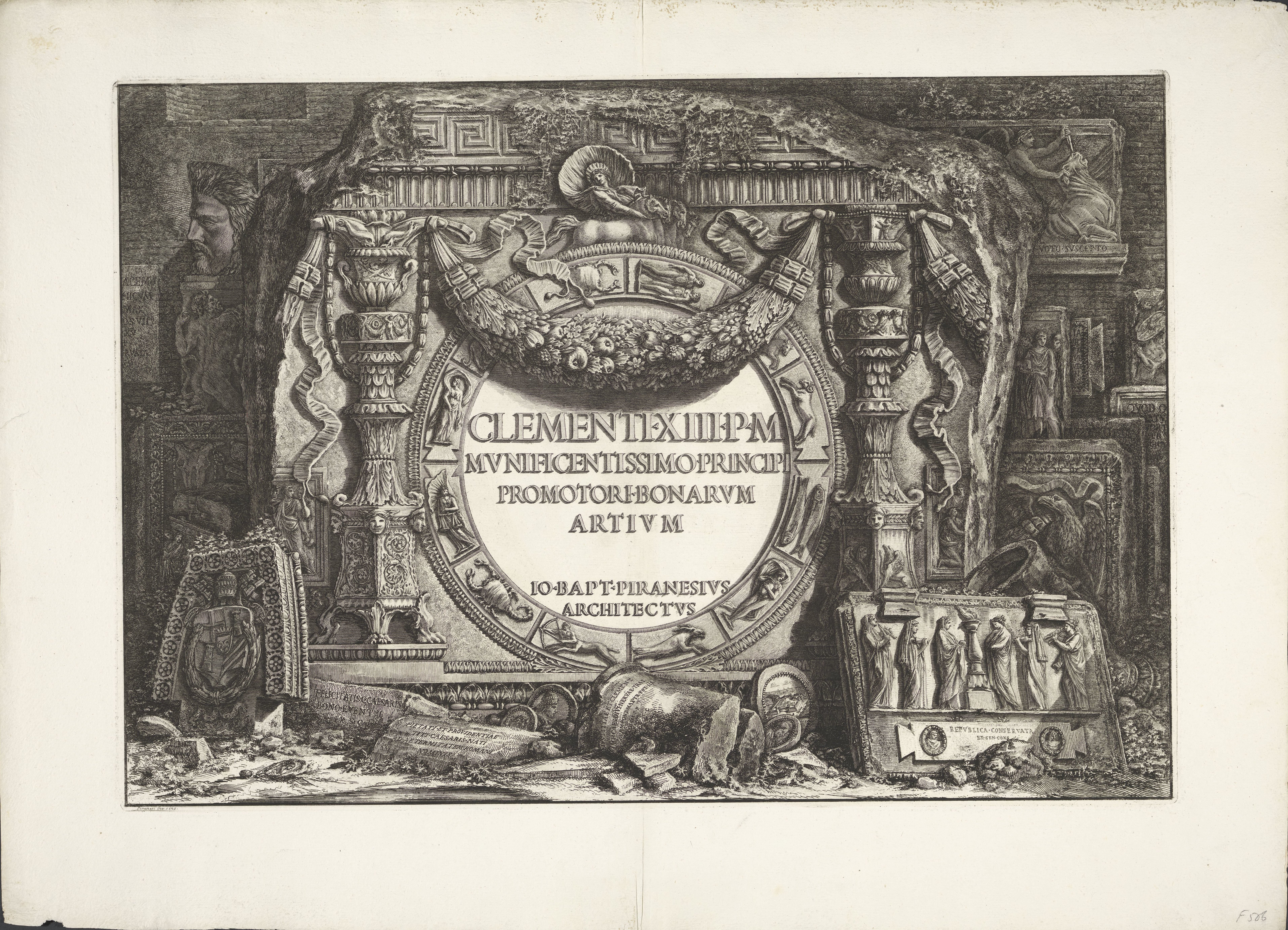 Frontispice met een groep ornamentele wandfragmenten