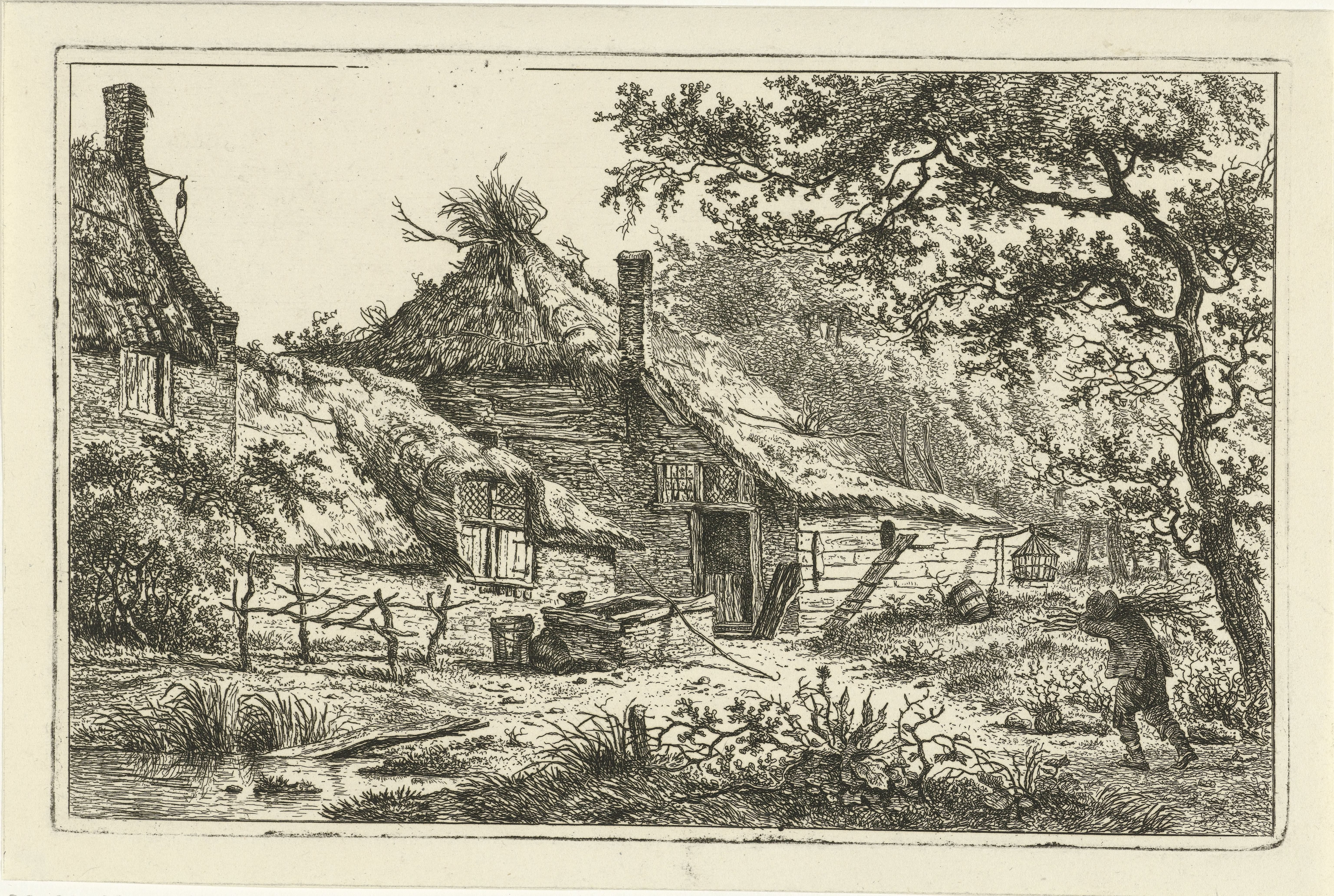 Boerenerf met man met sprokkelhout