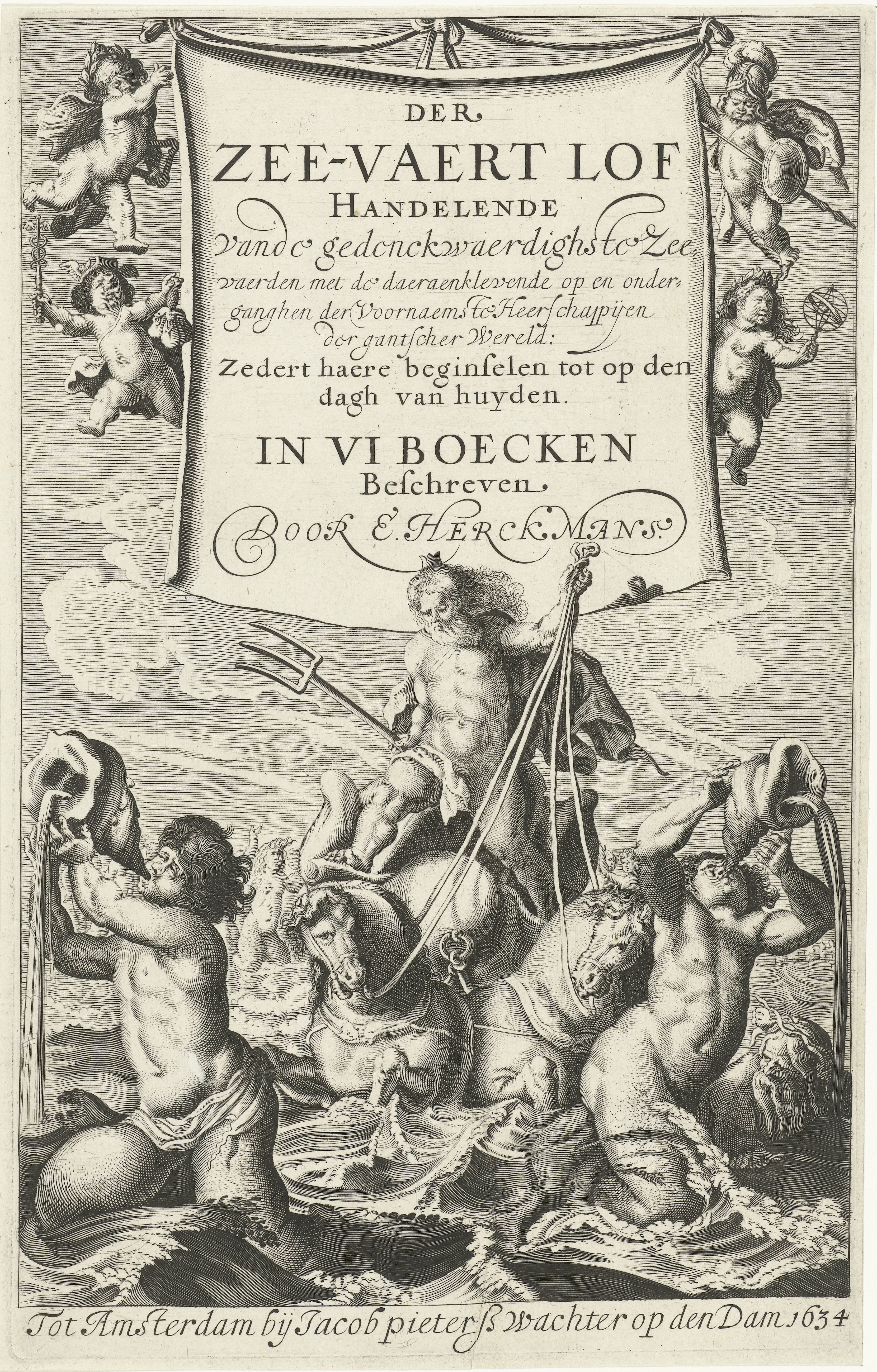 Neptunus staand op schelp getrokken door paarden temidden van zeewezens, boven hem houden vier putti doek met titel vast