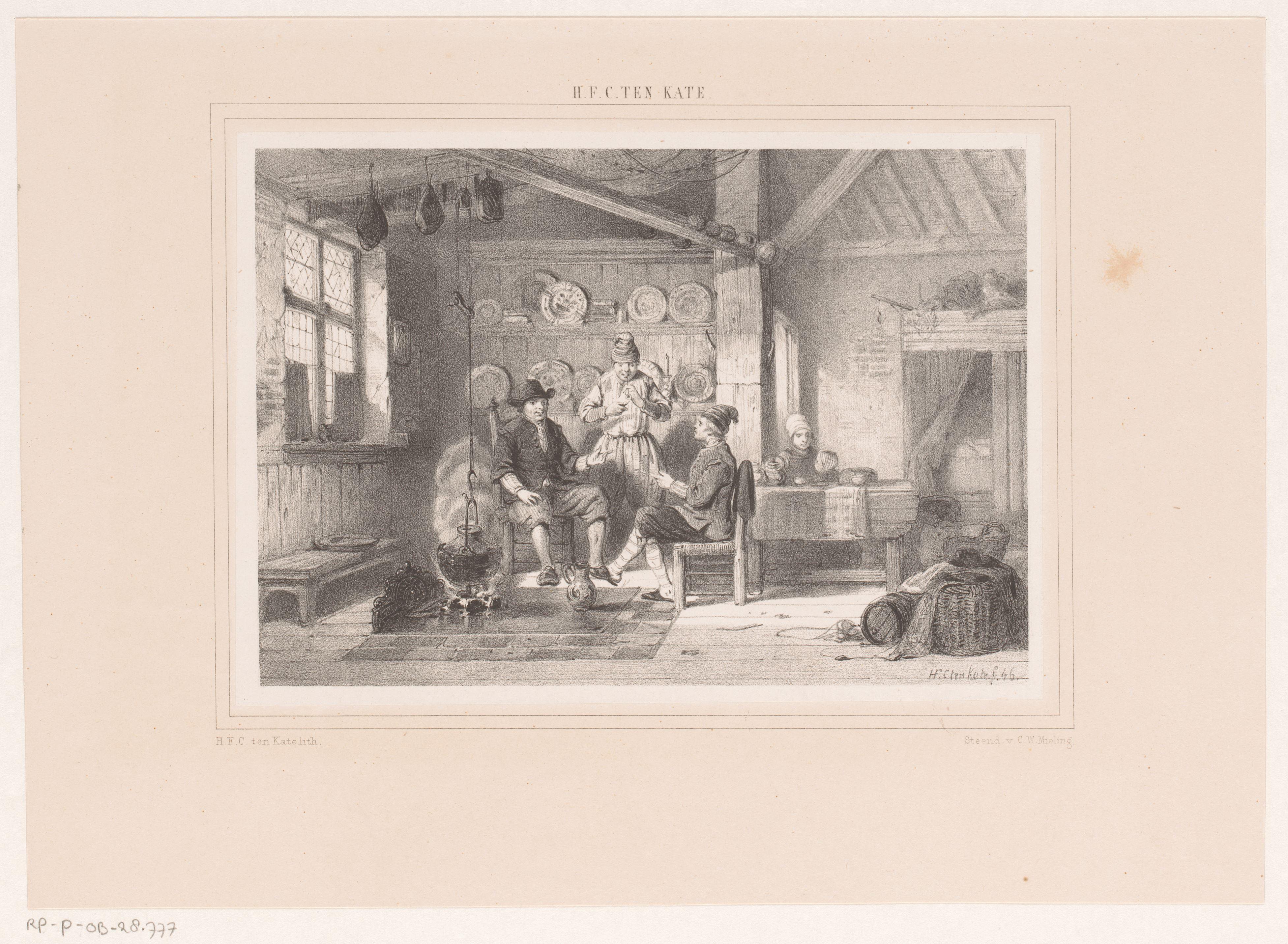 Interieur met drie mannen bij een haard
