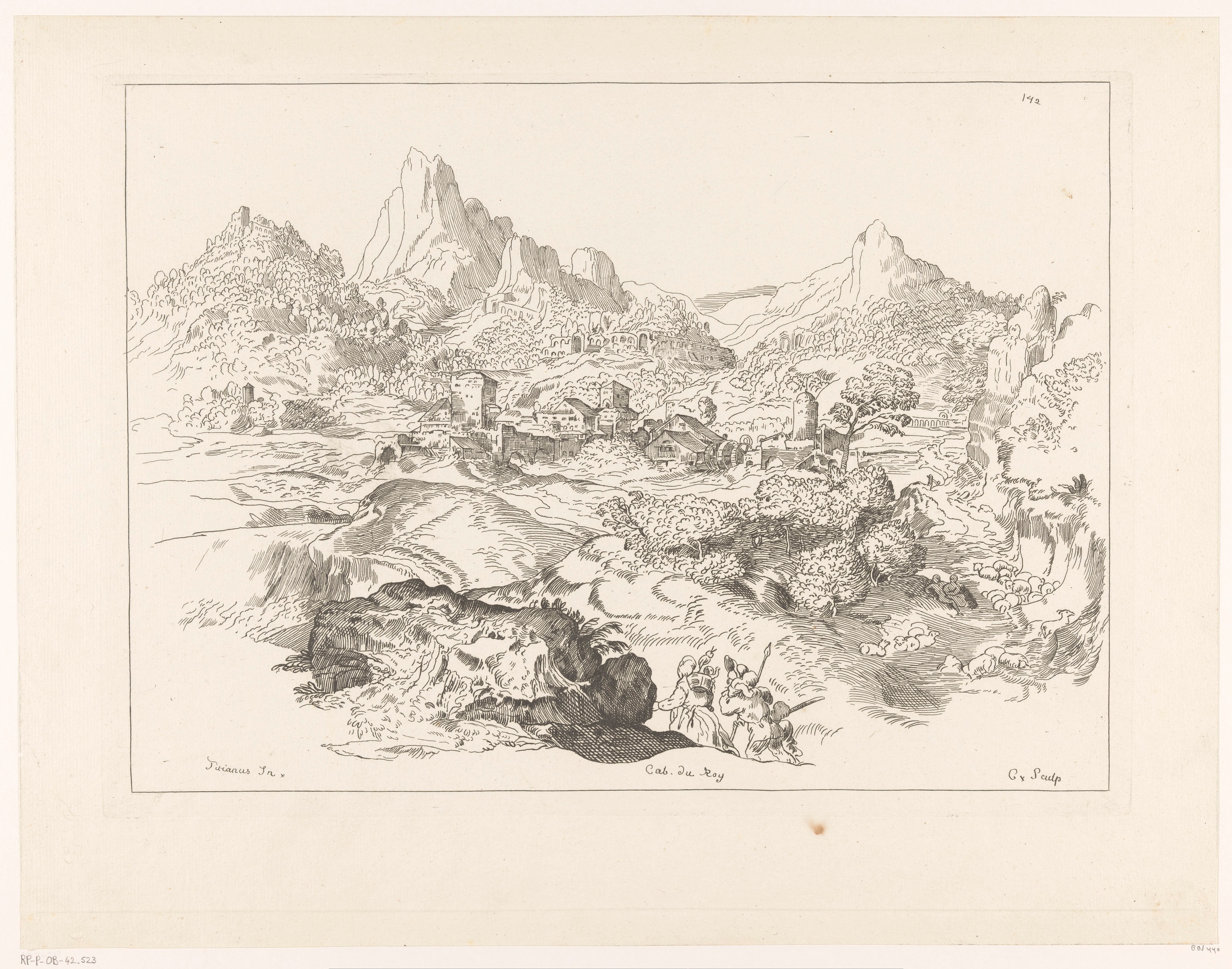 Berglandschap met herders en op de achtergrond een dorp met een watermolen