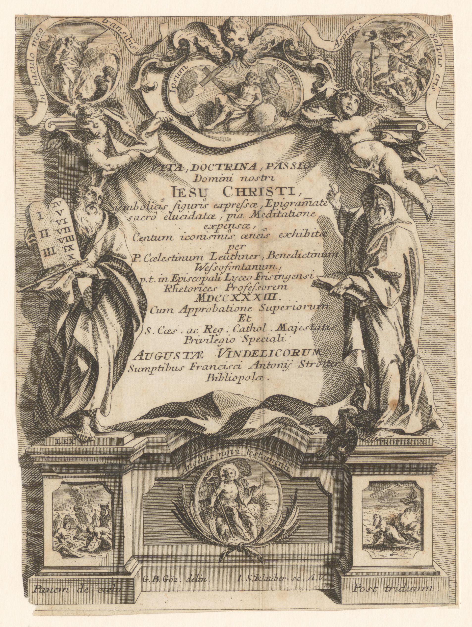 Cartouche met twee kerkvaders en scenes uit het Nieuwe Testament