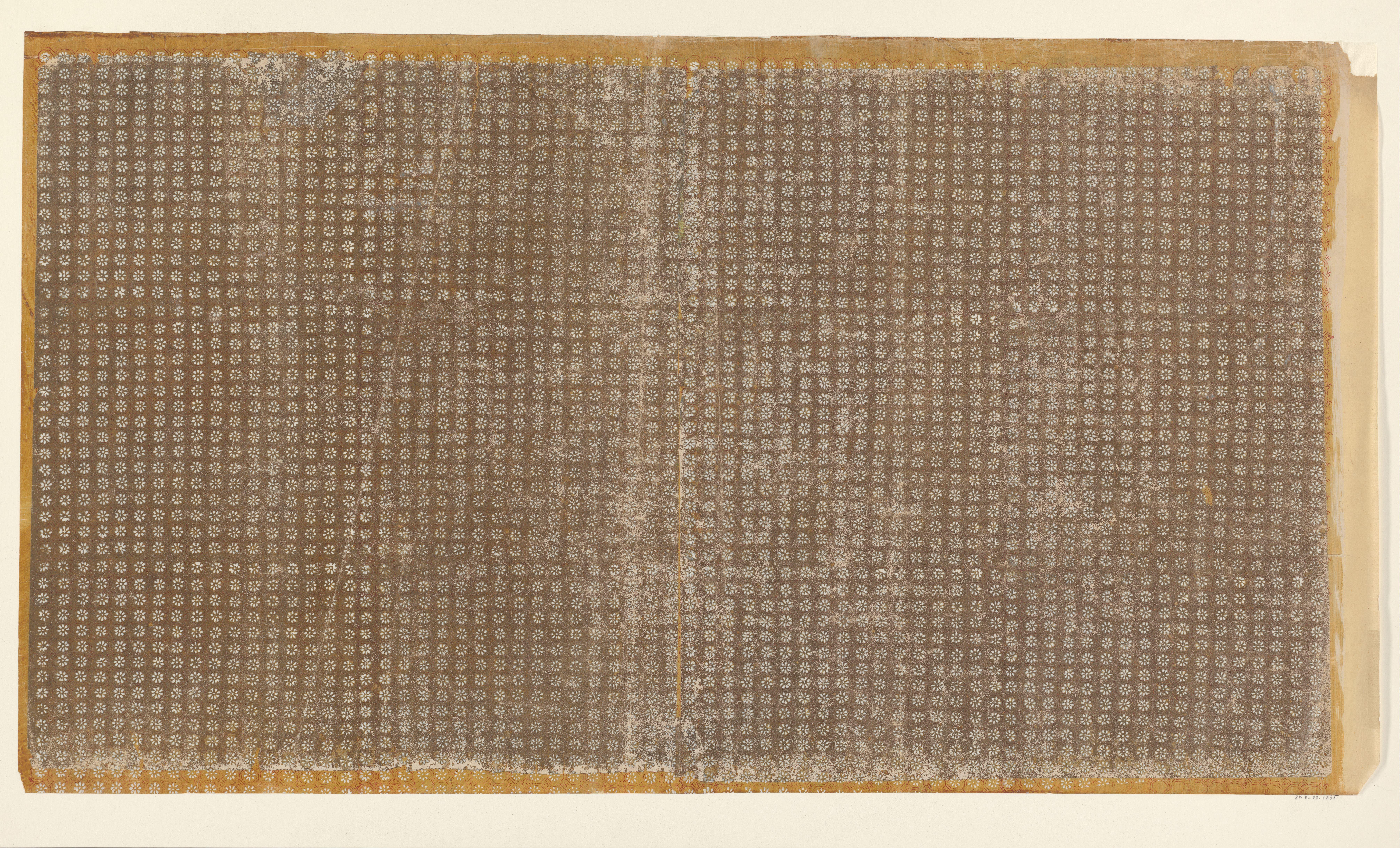 Blad met rasterpatroon van zeshoeken met bloemmotief en swastika (één van zes identieke bladen)