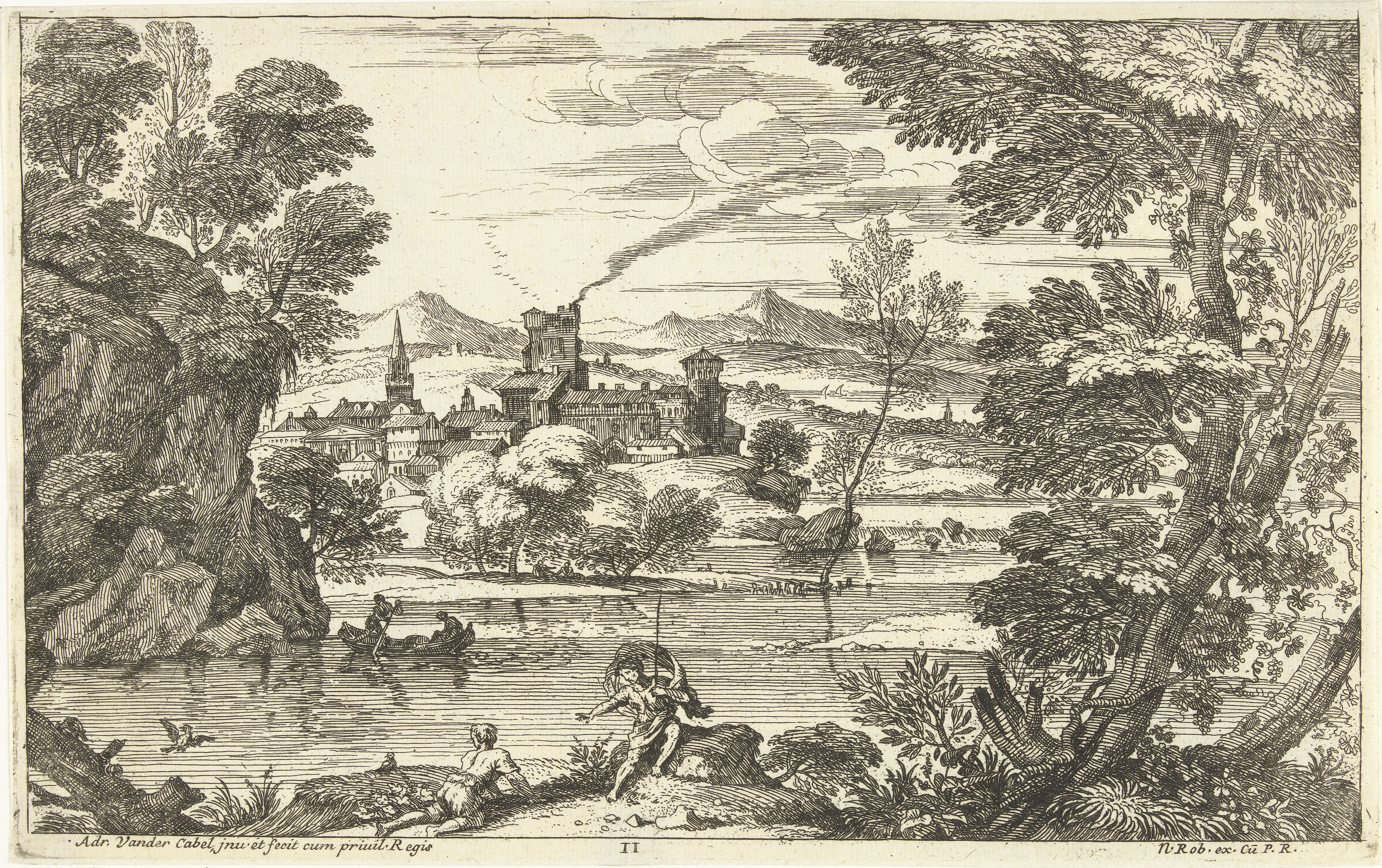Landschap met man met wapperende mantel