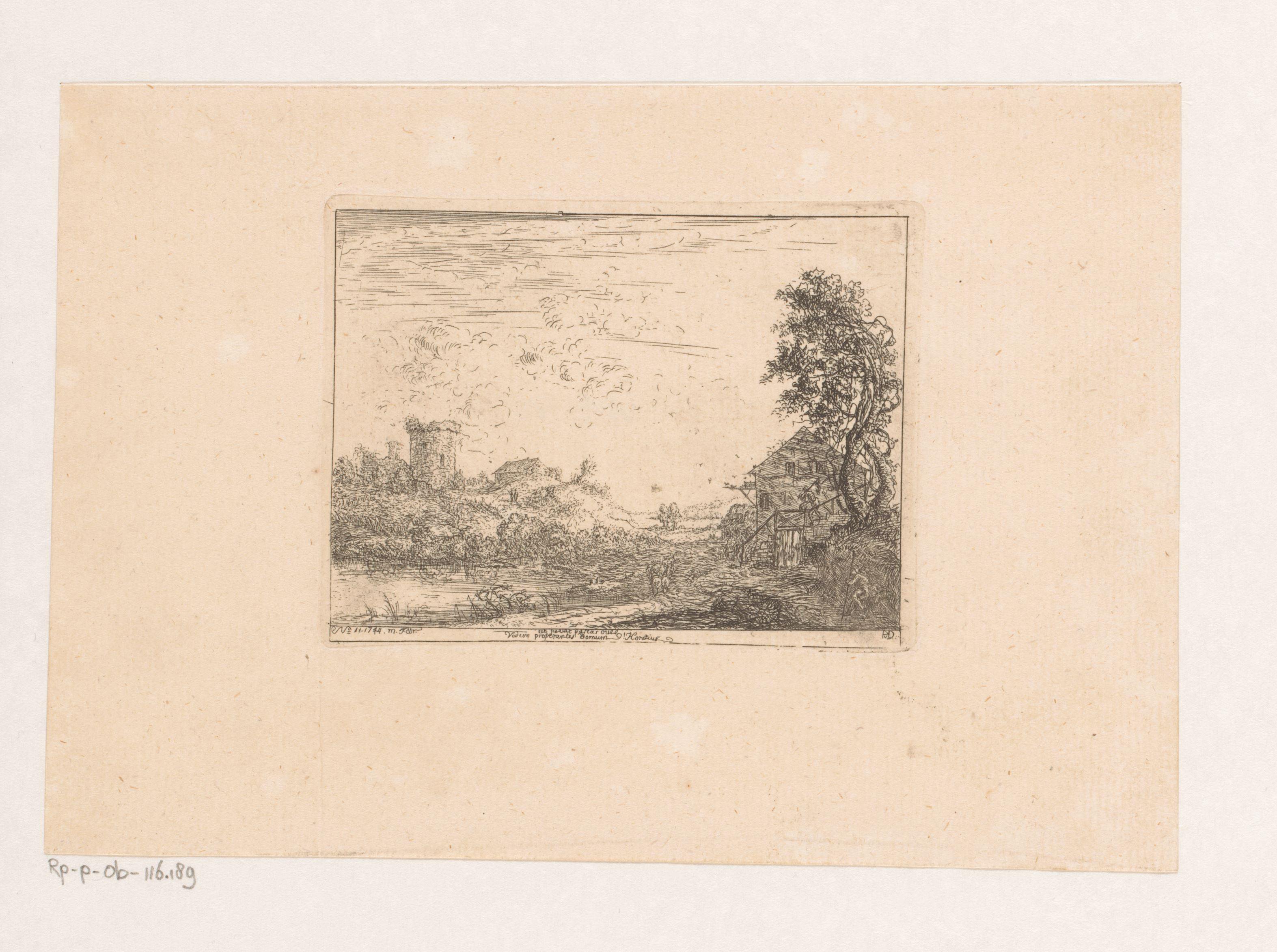Landschap met boerderij aan een rivier en toren in de verte