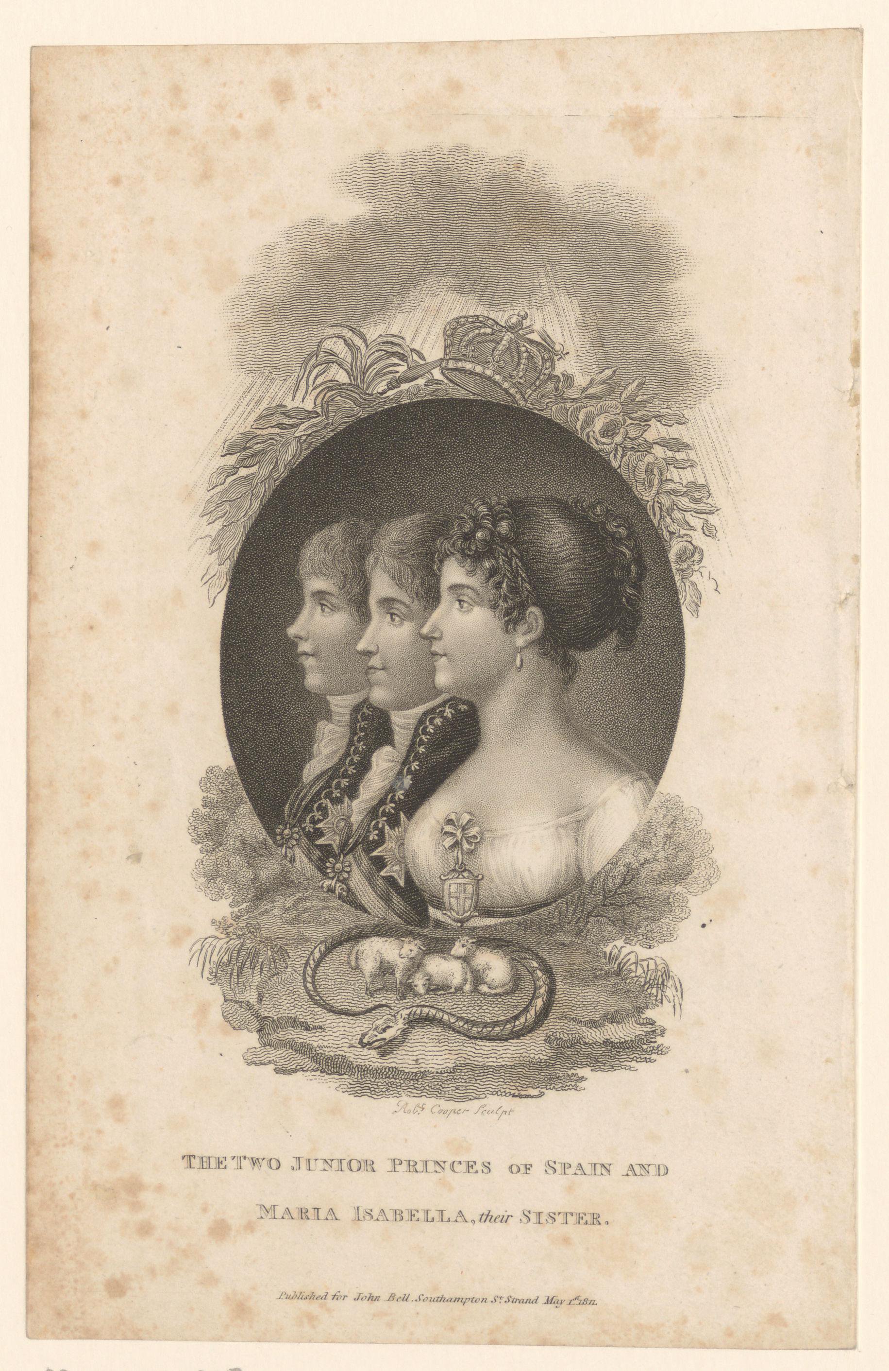 Portretten in profiel van Maria Isabella, Karel Maria Isidro en Francisco de Paula van Bourbon