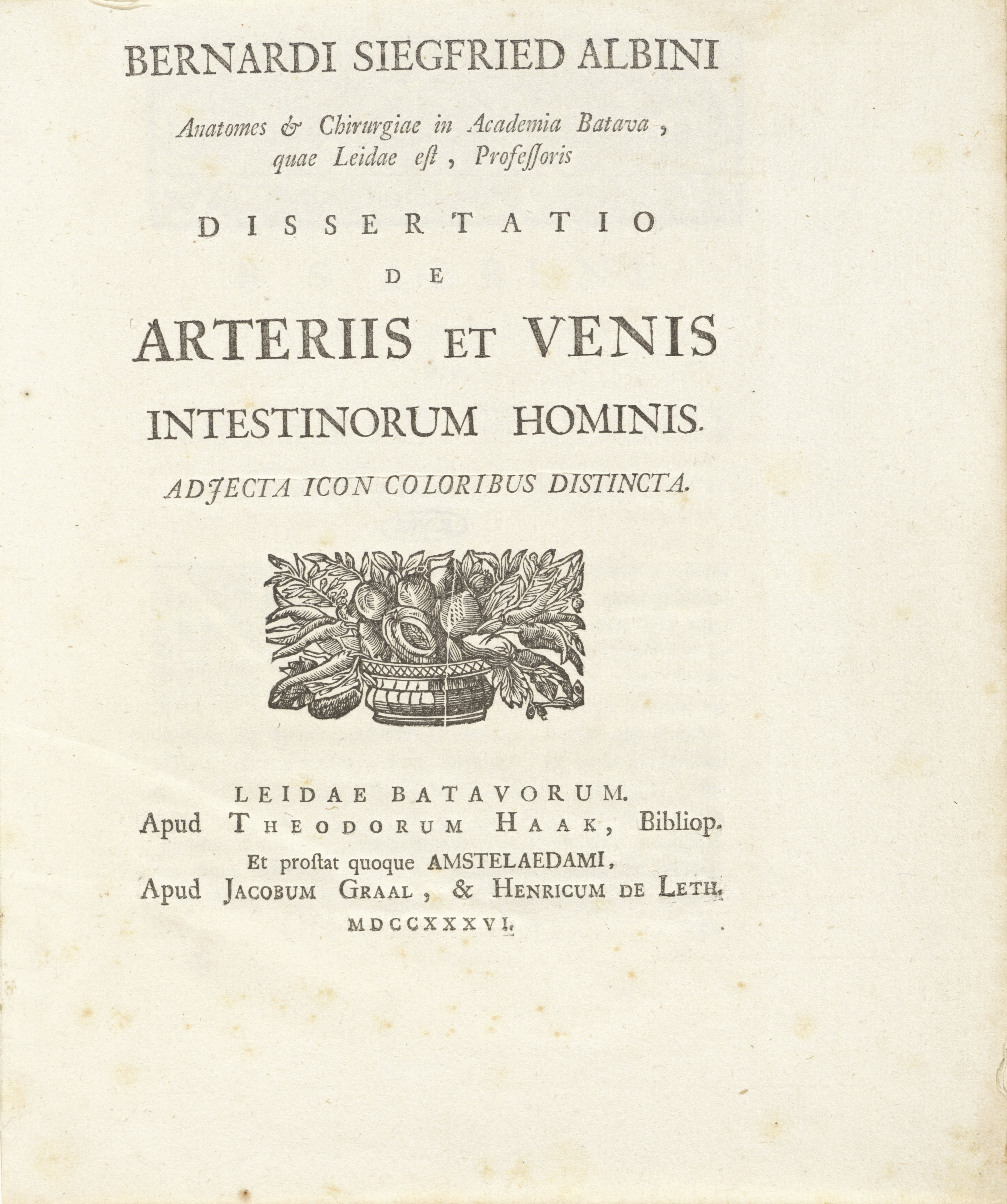 Titelpagina van Bernhard Siegfried Albinus' 'Dissertatio de arteriis et venis intestinorum hominis', 1736.
