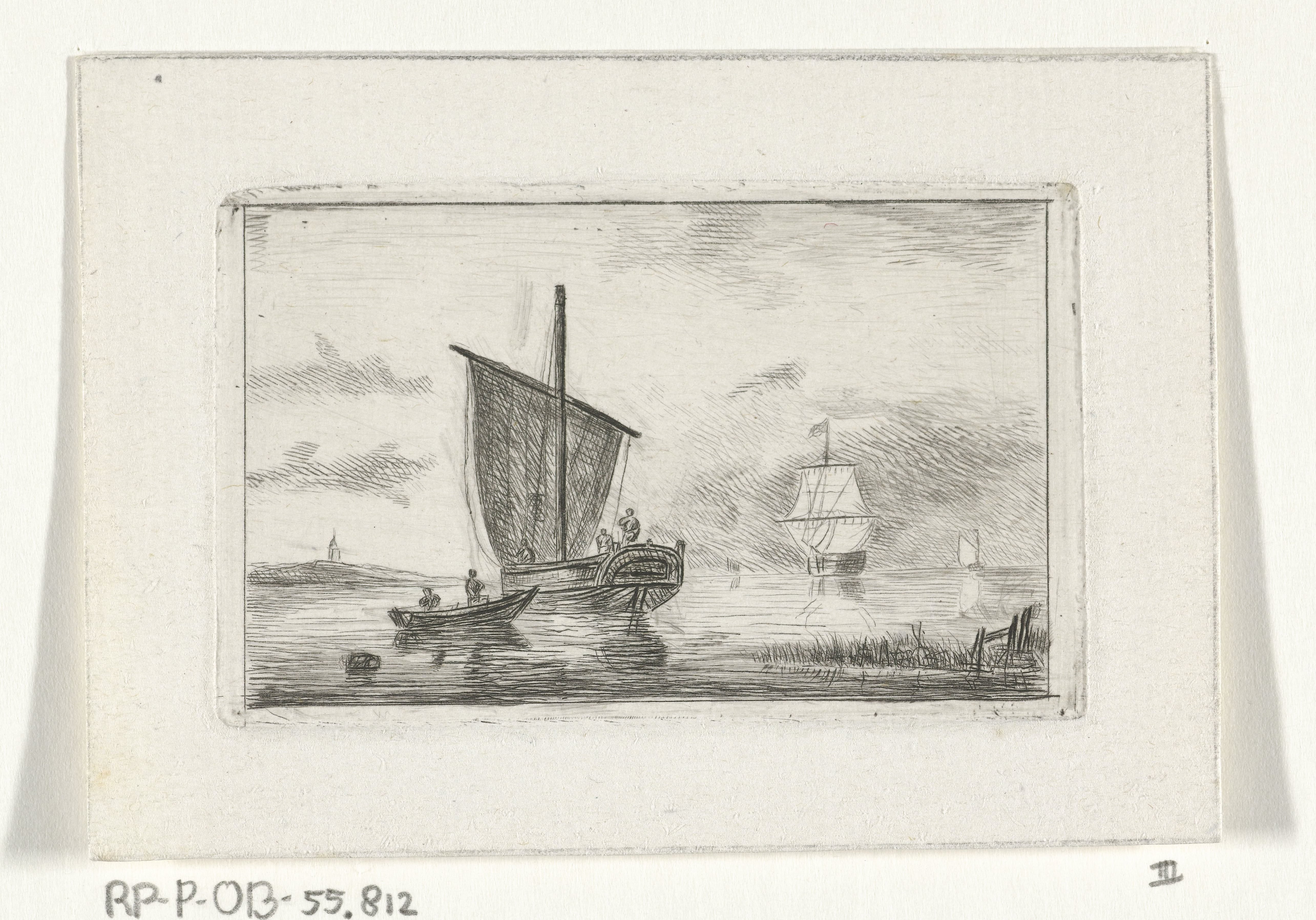 Riviergezicht met zeilschip
