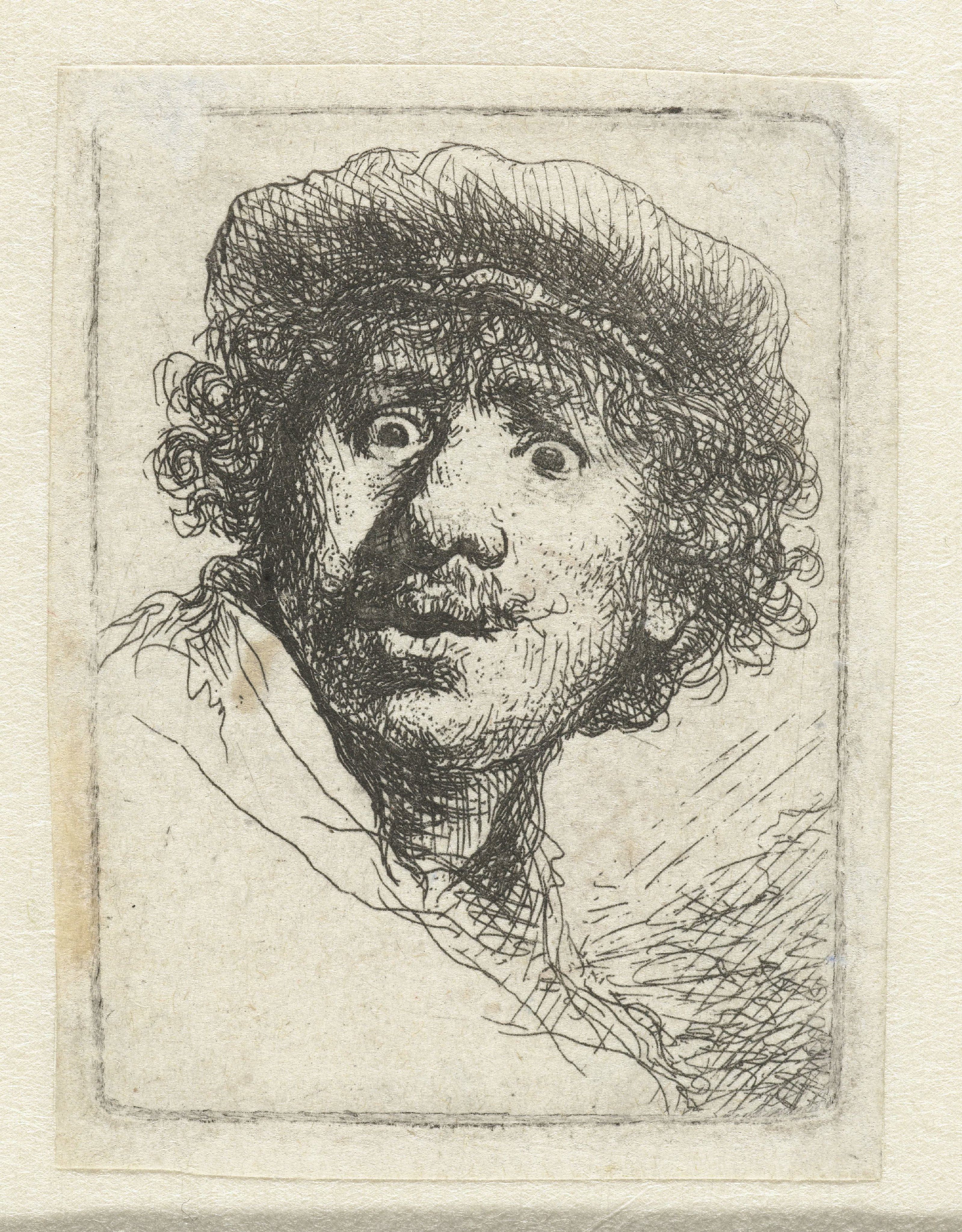 Self-portrait in a cap, wide-eyed and open-mouthed