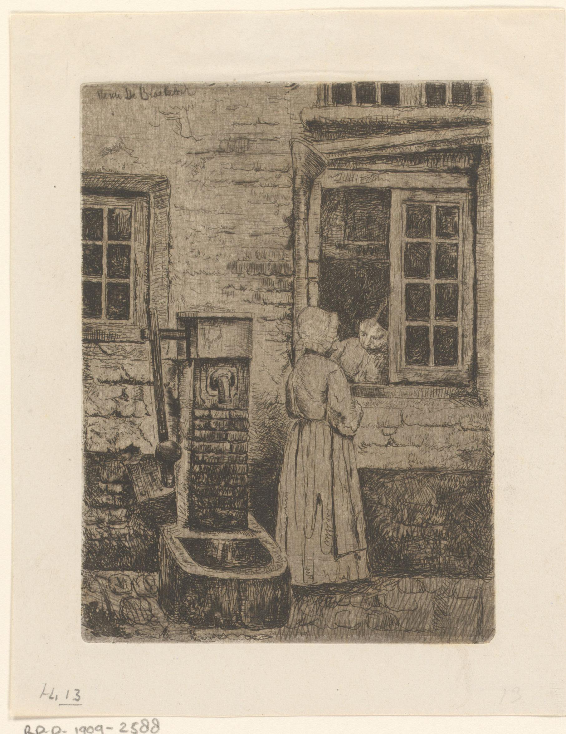 Twee meisjes bij een venster en een waterpomp