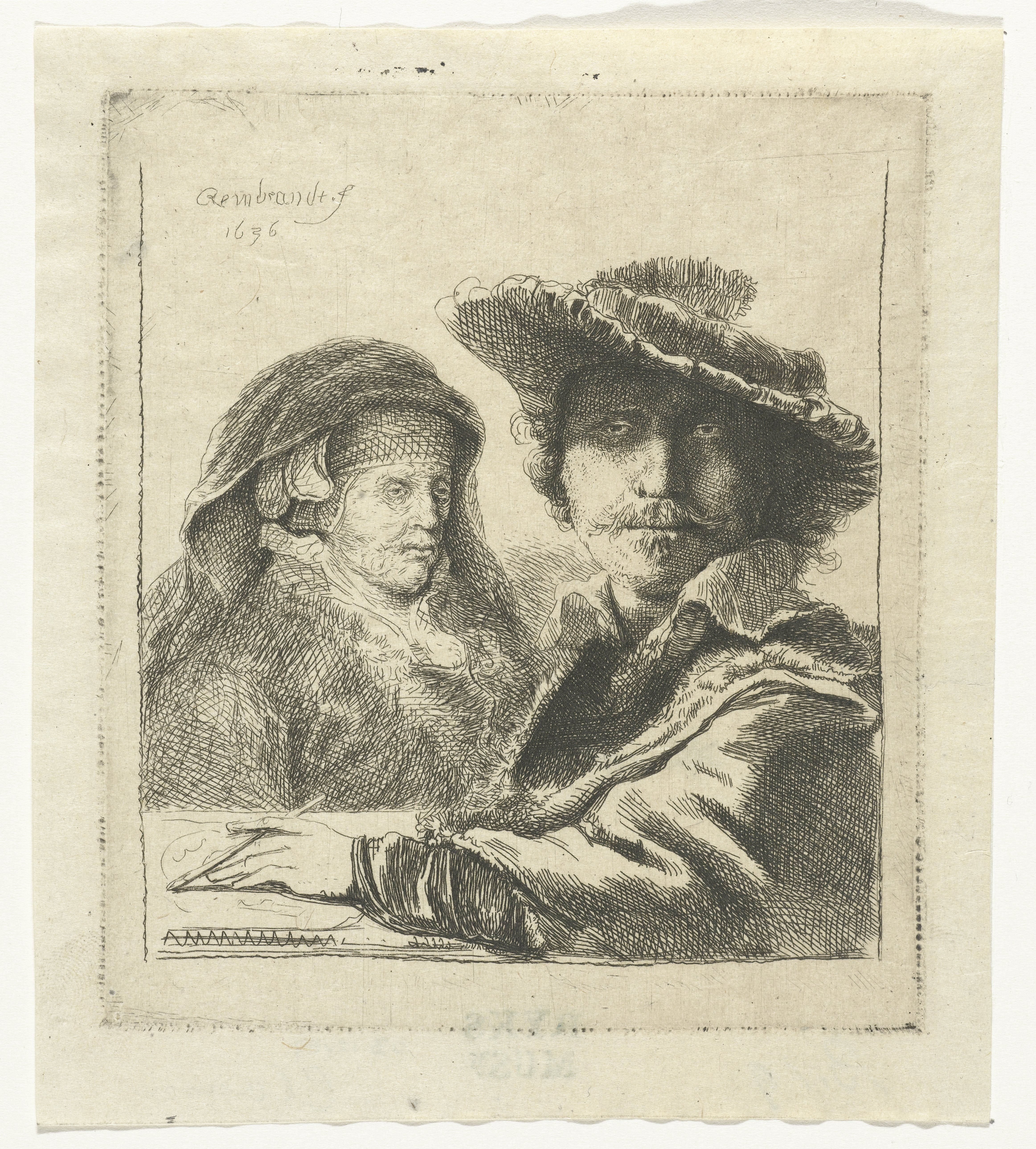 Self-portrait with Saskia and the artist's mother seated at a table, looking right: three quarter length