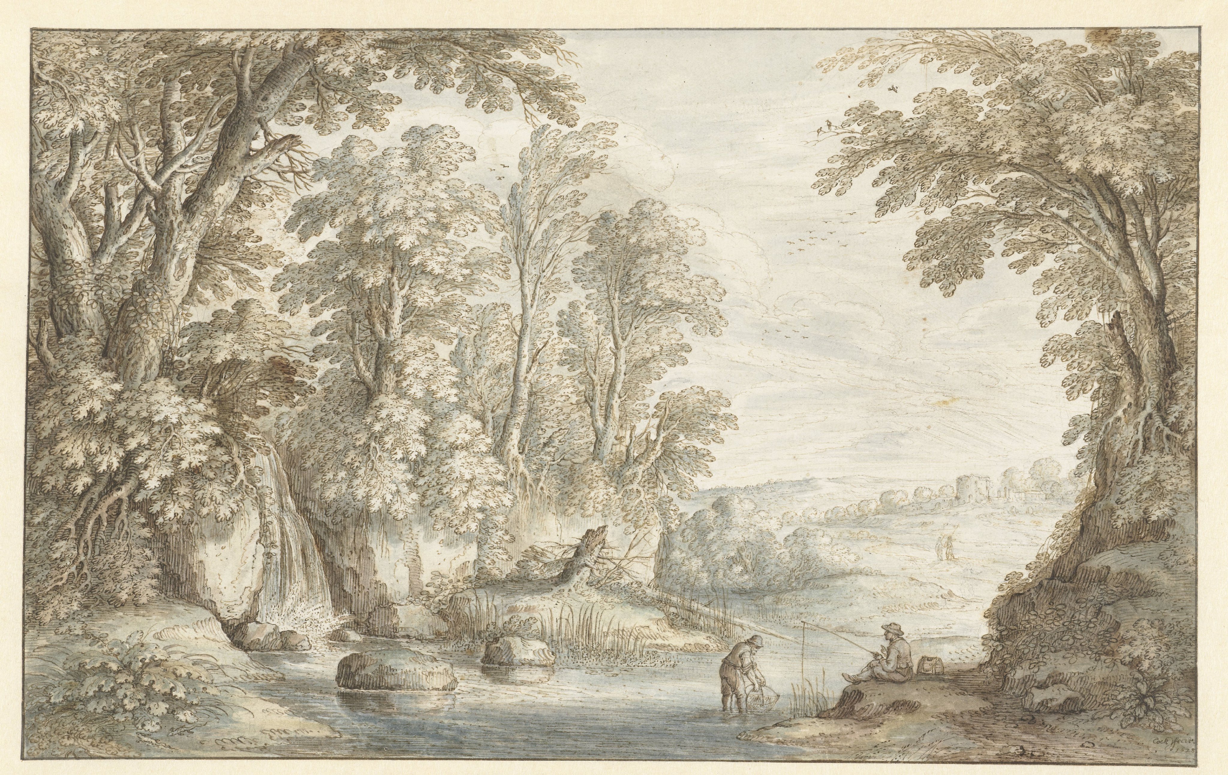 Two Anglers in a Wooded Landscape with a Waterfall