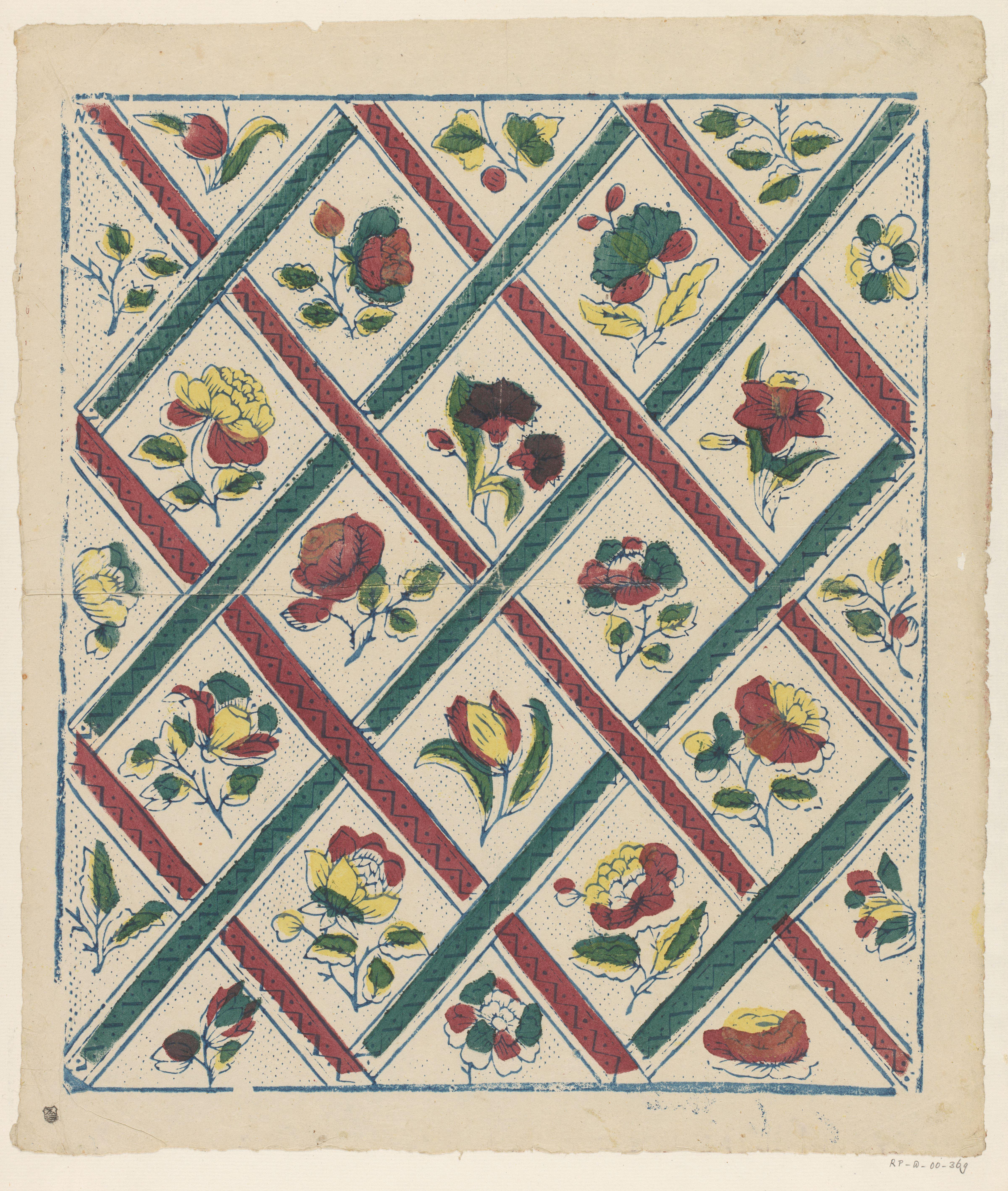 Blad met ruitpatroon met bloem en puntenfond als veldvulling