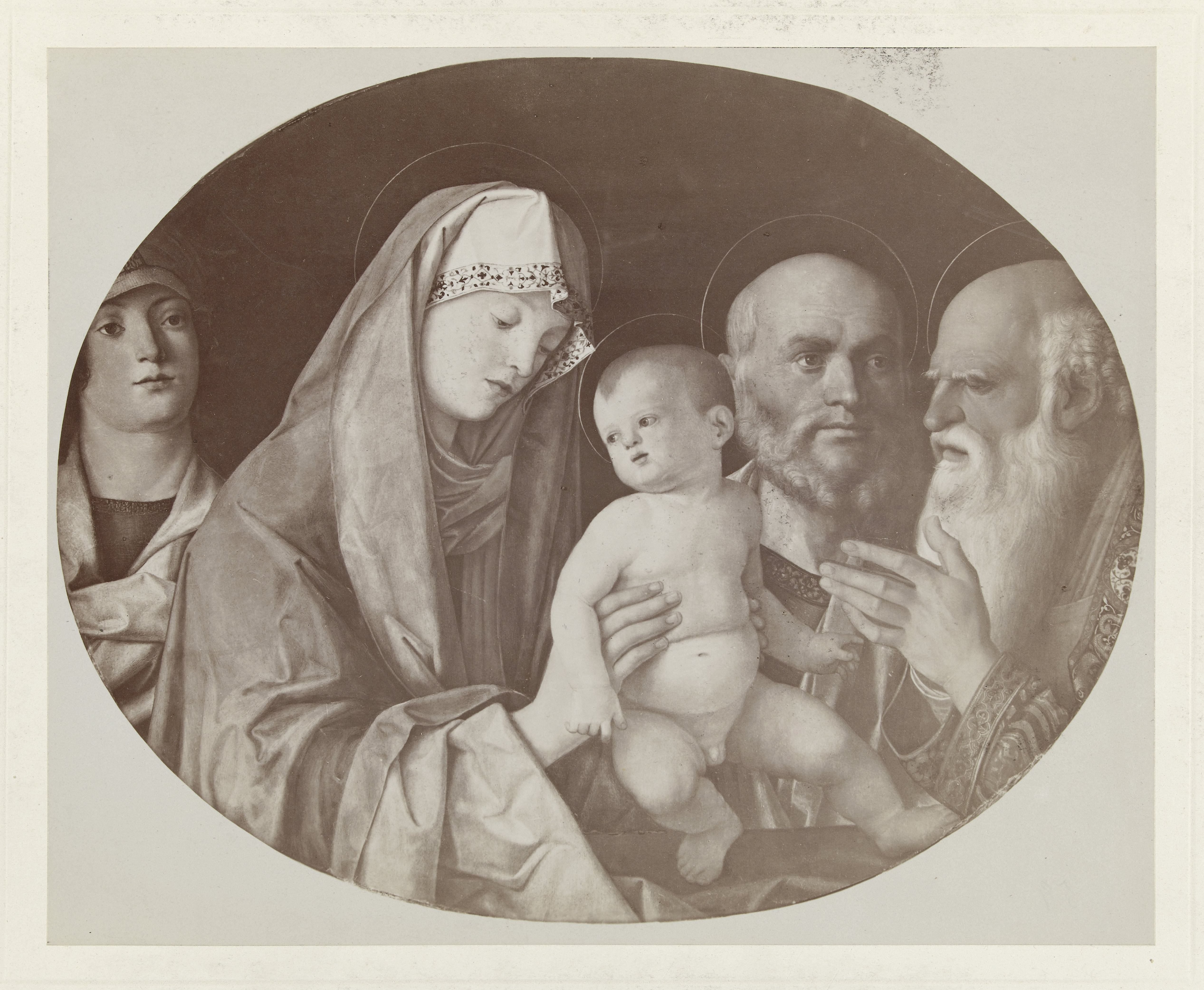 Fotoreproductie van een schilderij voorstellende Christus, Maria, twee koningen en herder