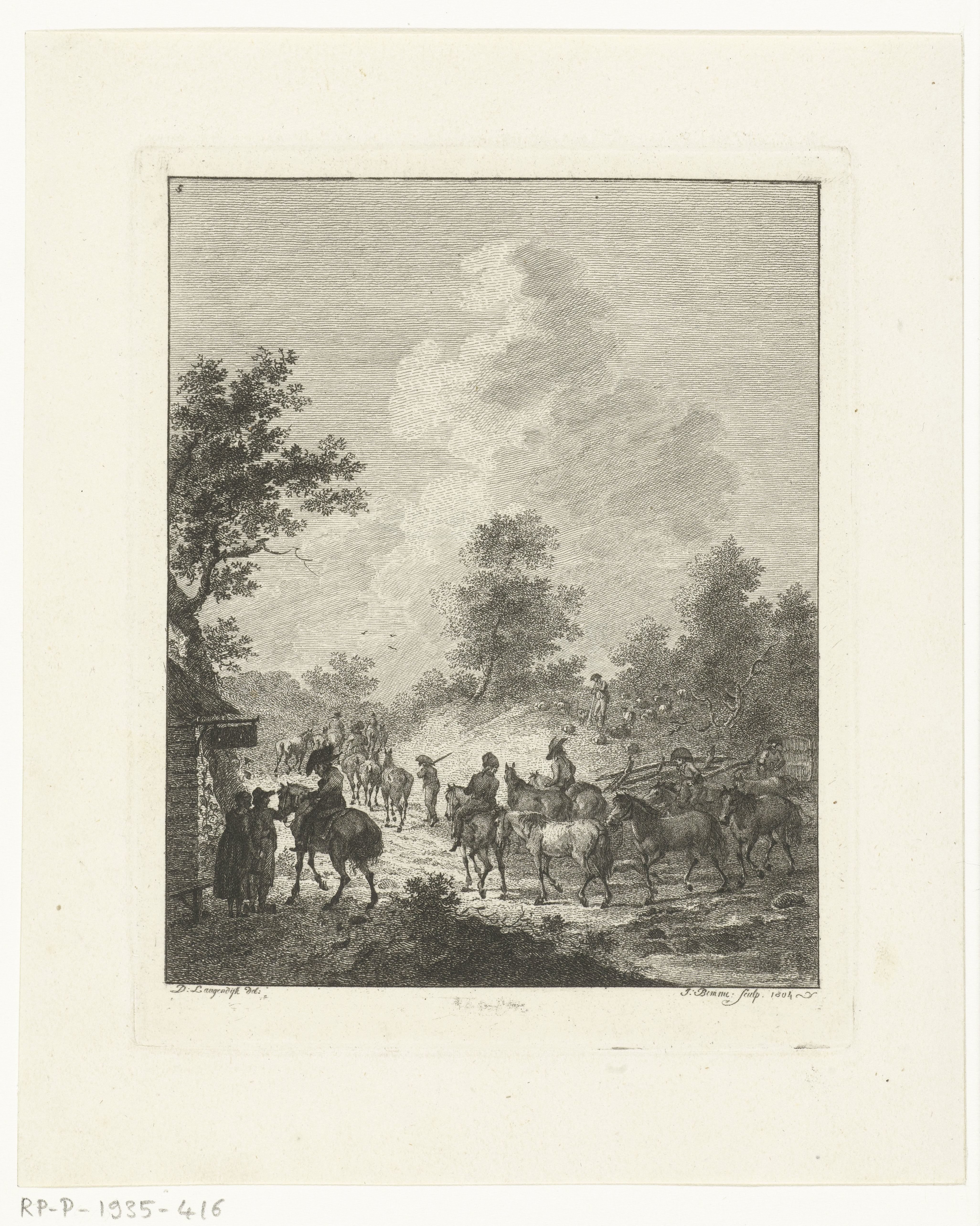 Een groep cavaleriepaarden bij een herberg