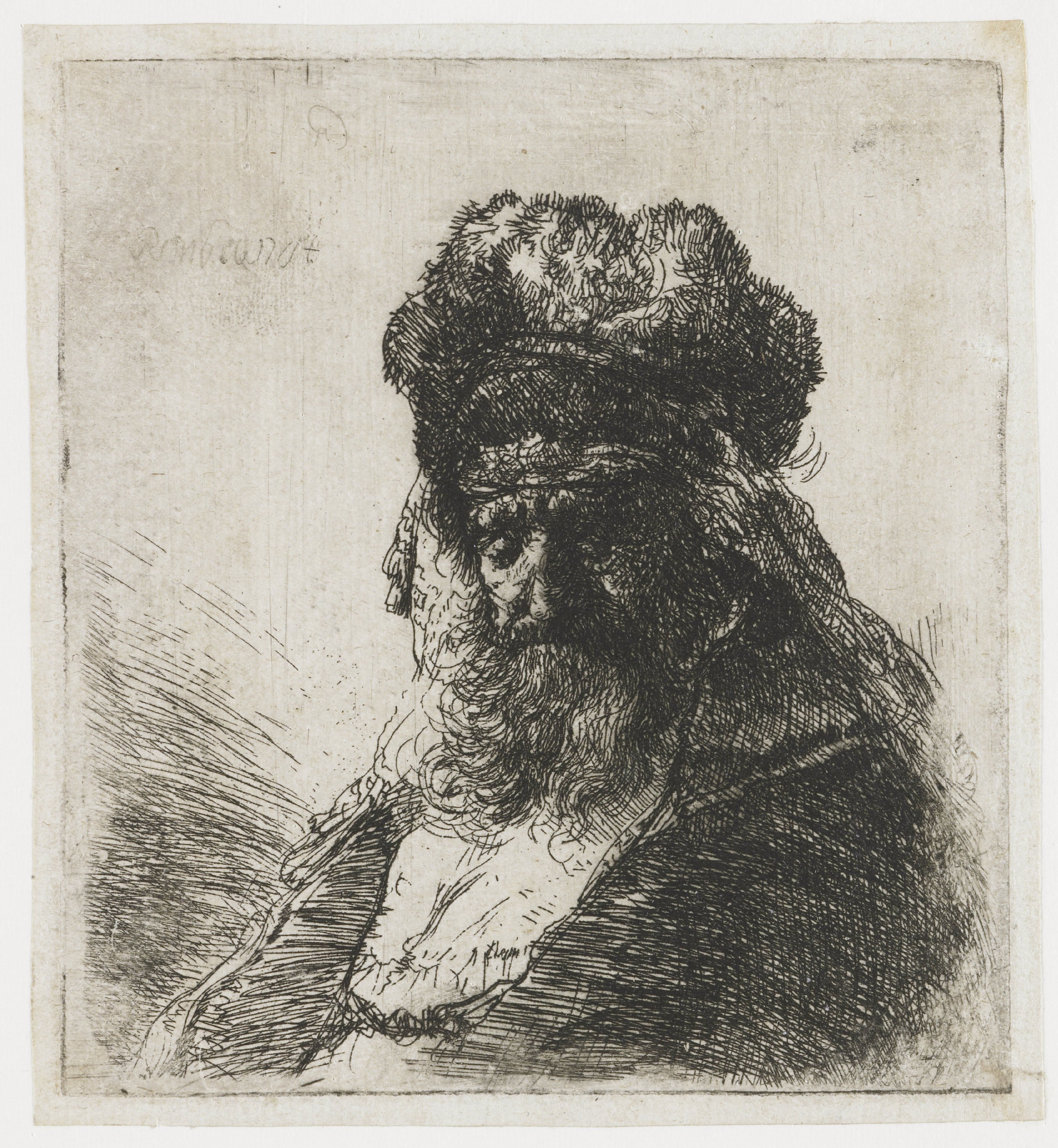 Bearded old man in a high fur cap, with eyes closed