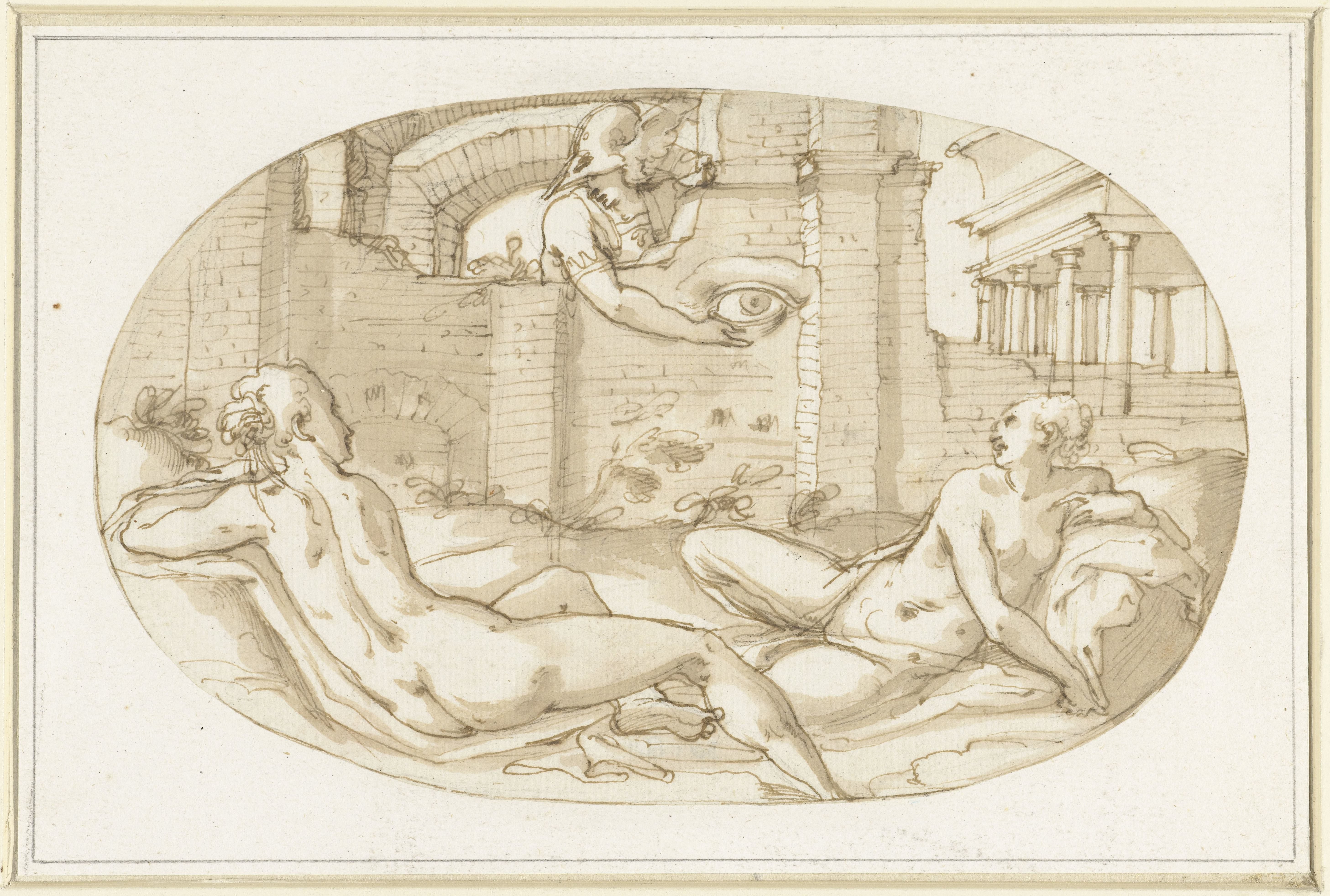 Twee vrouwelijke naaktfiguren en een Mercurius