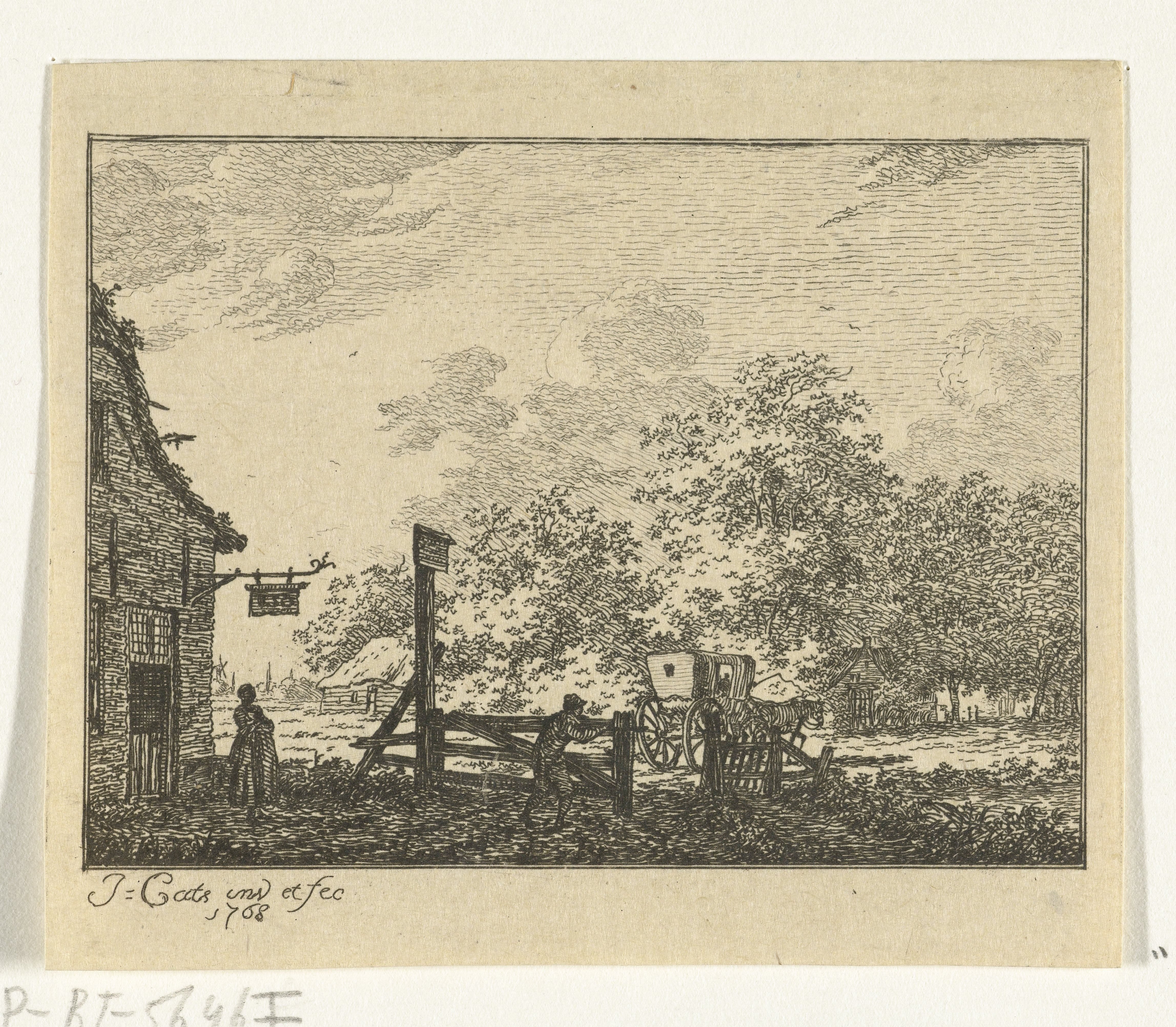Landschap met wagen voor herberg