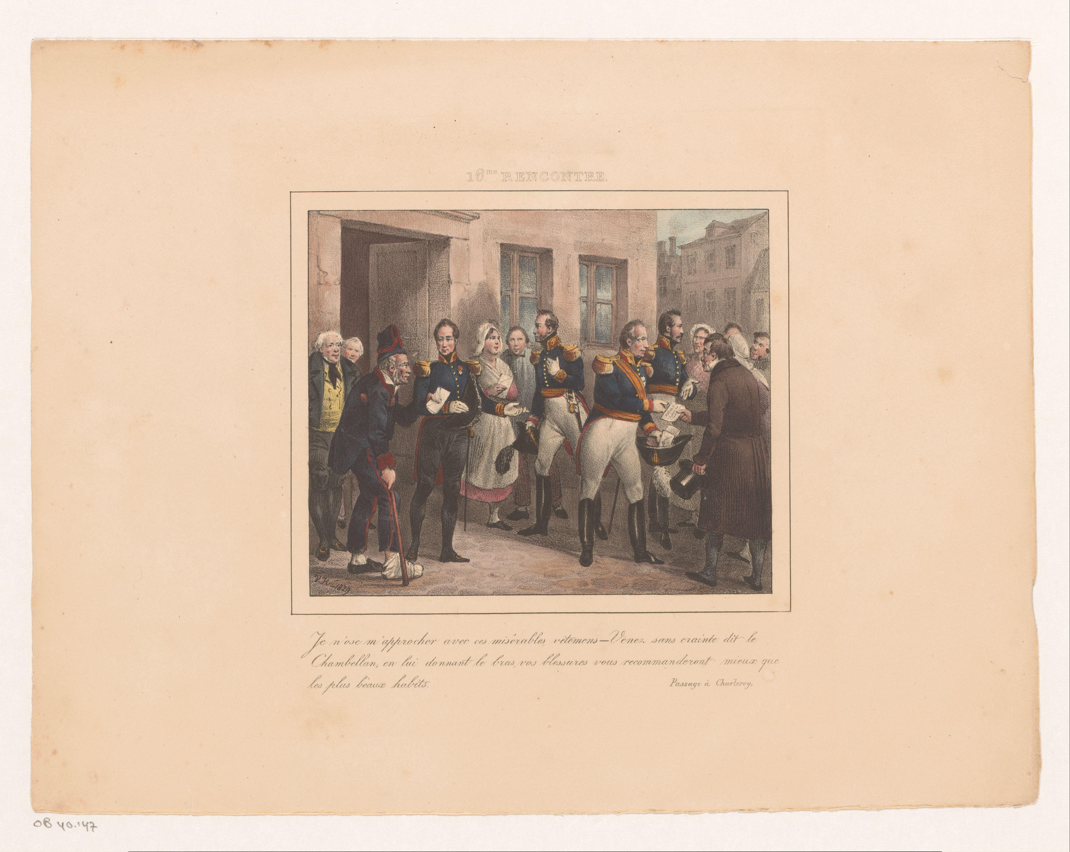 Een kamerheer brengt een oorlogsveteraan naar koning Willem I, 1829