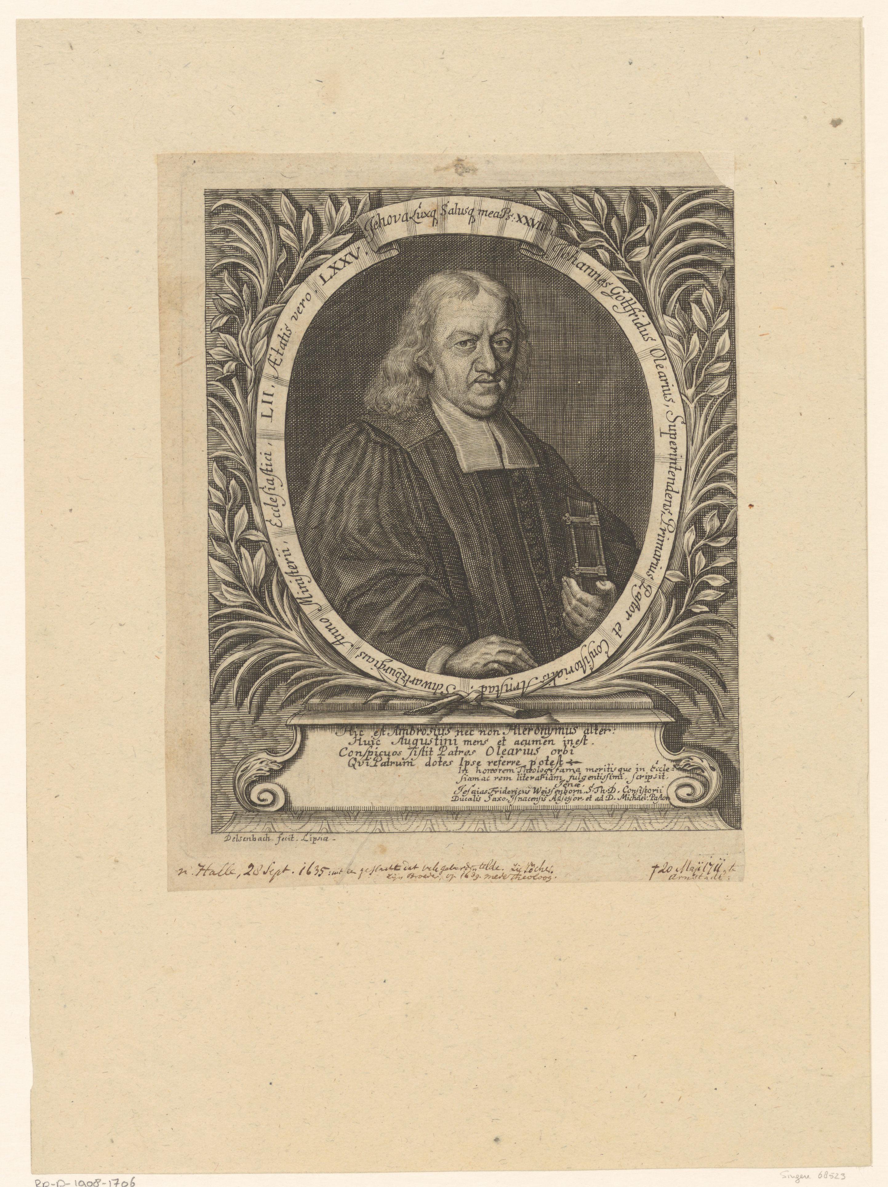 Portret van Johann Gottfried Olearius op 75-jarige leeftijd