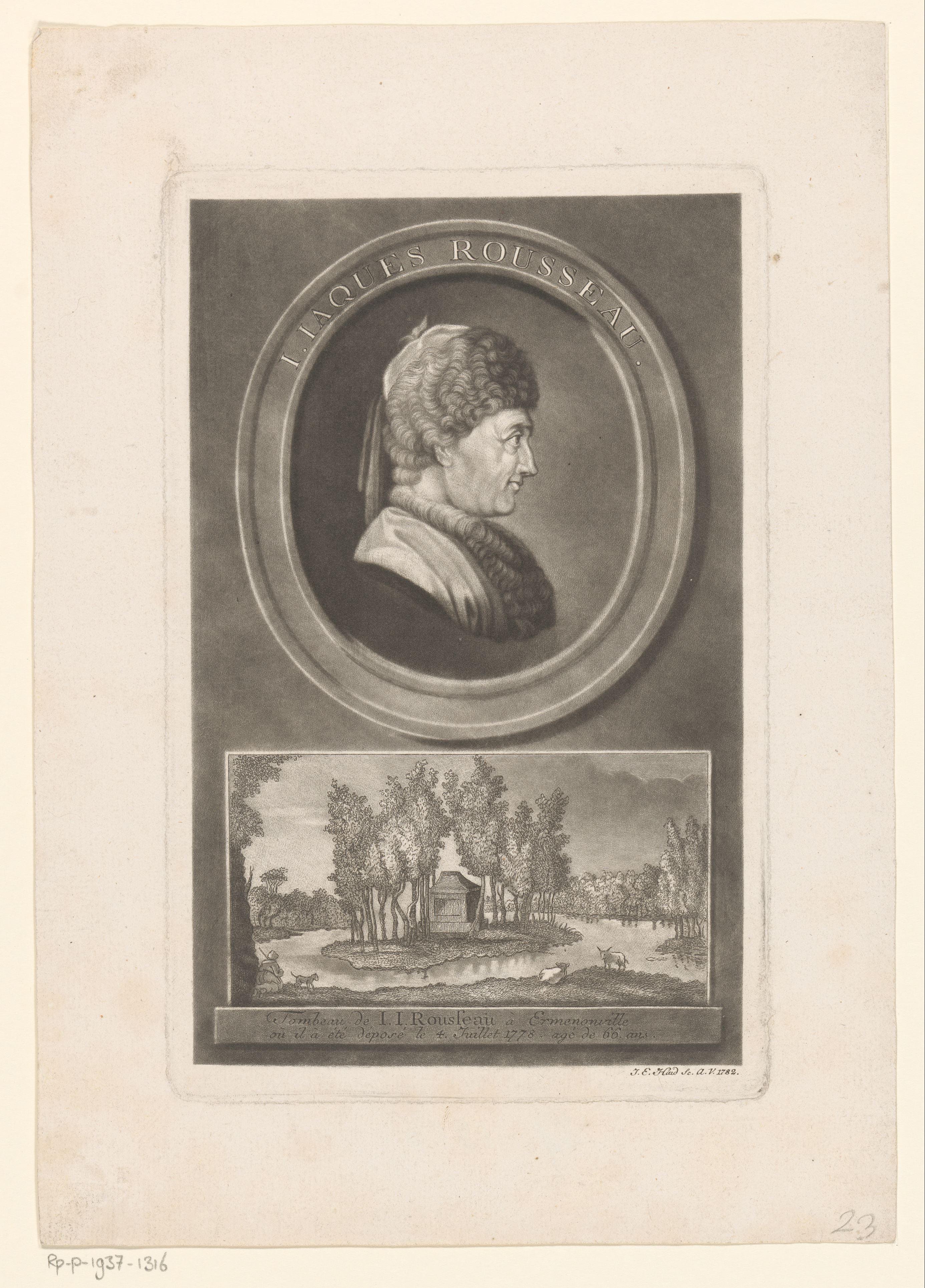 Portret van Jean-Jacques Rousseau met onder zijn graftombe in een landschap