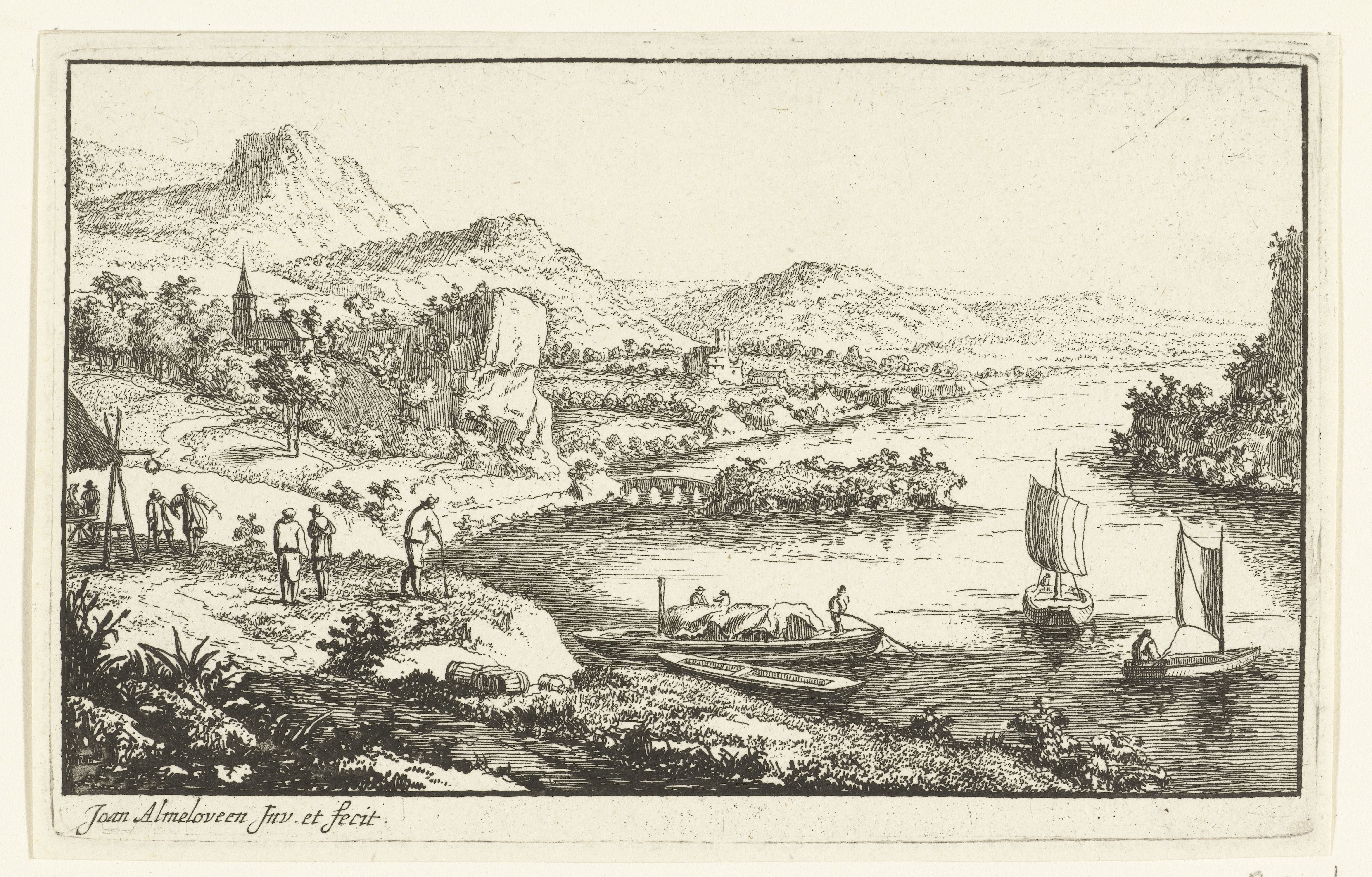 Rivierlandschap met brug en eiland
