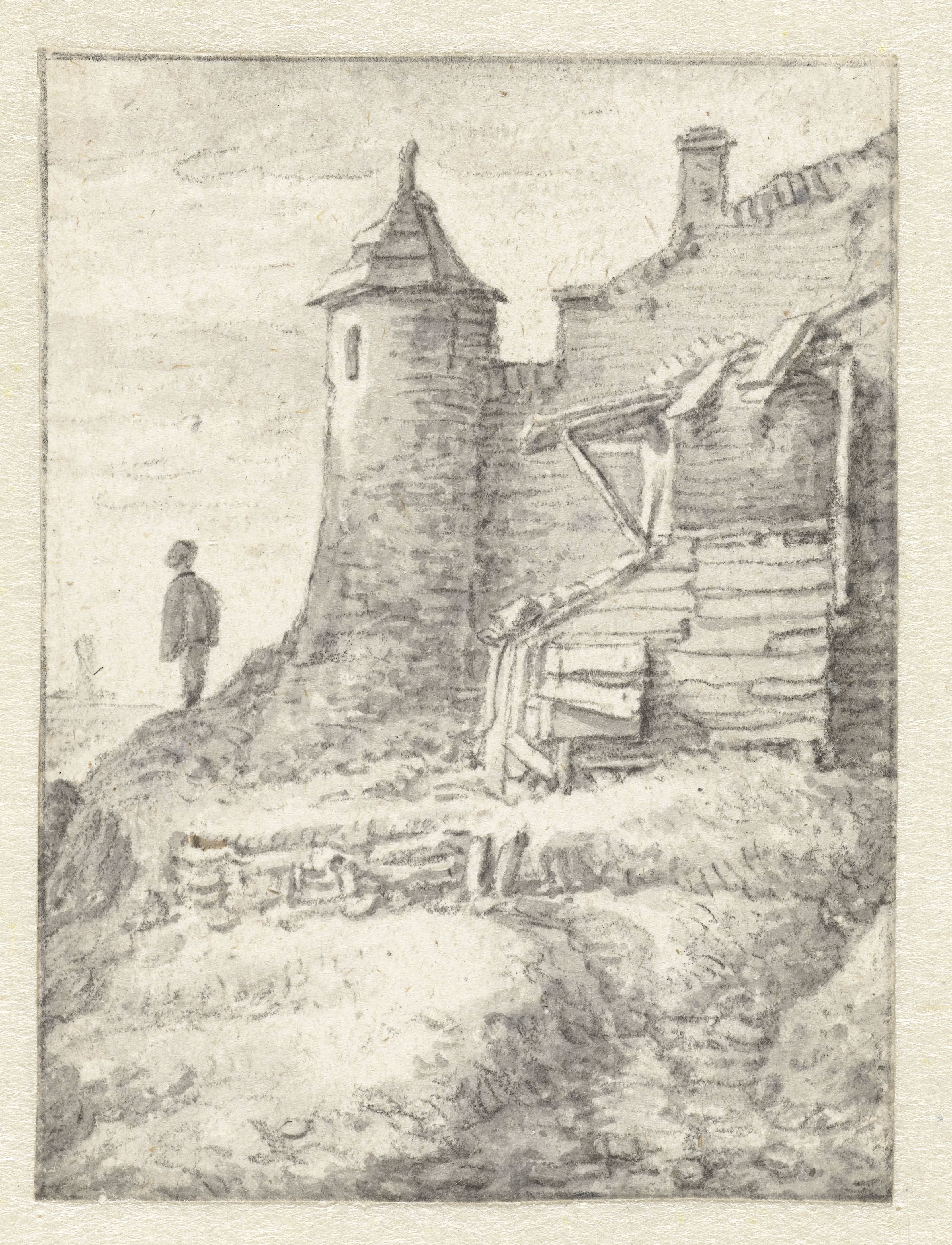 Gezicht op een stadswal met toren