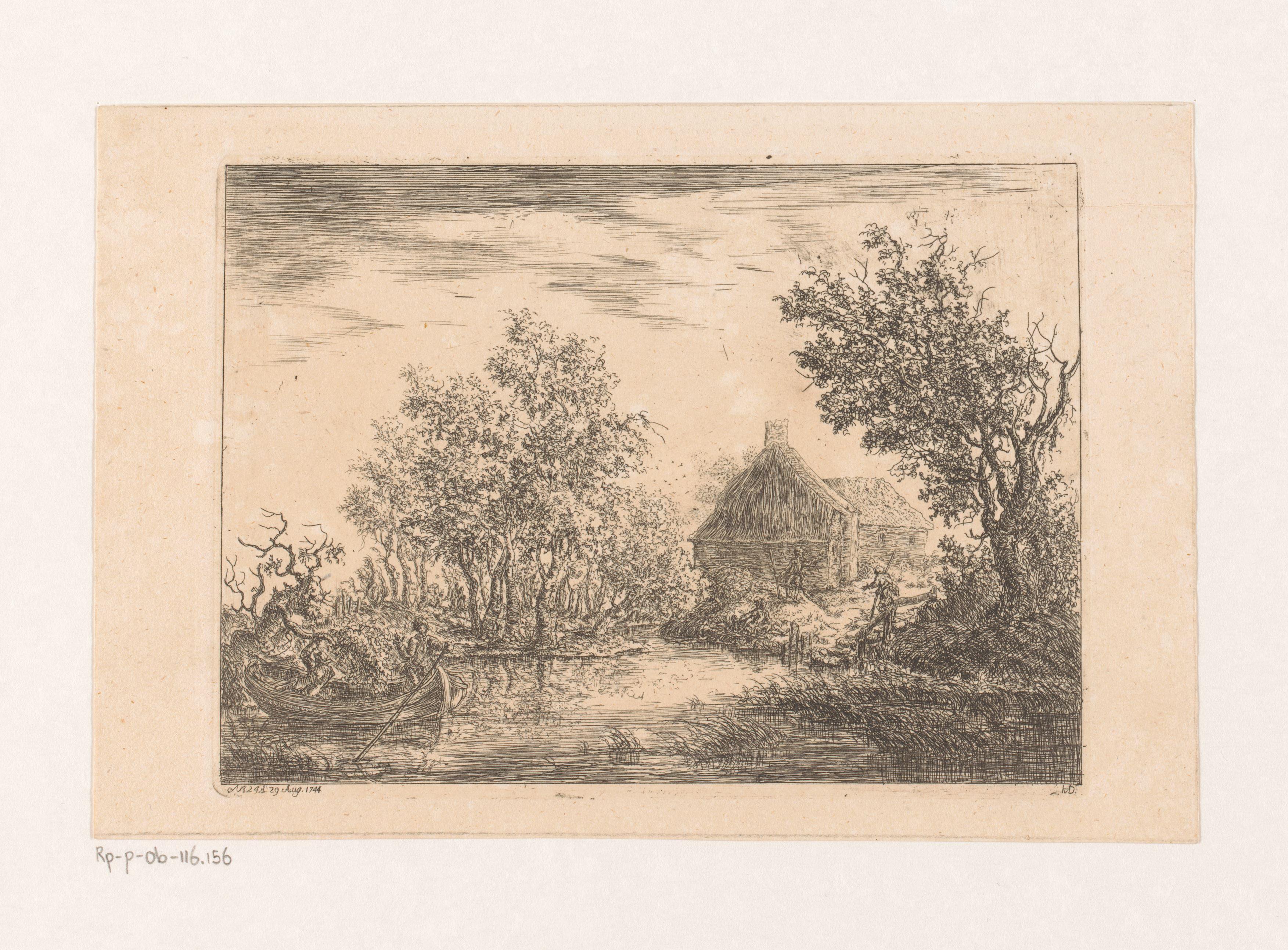 Landschap met boerderij, op de voorgrond twee mannen in een boot