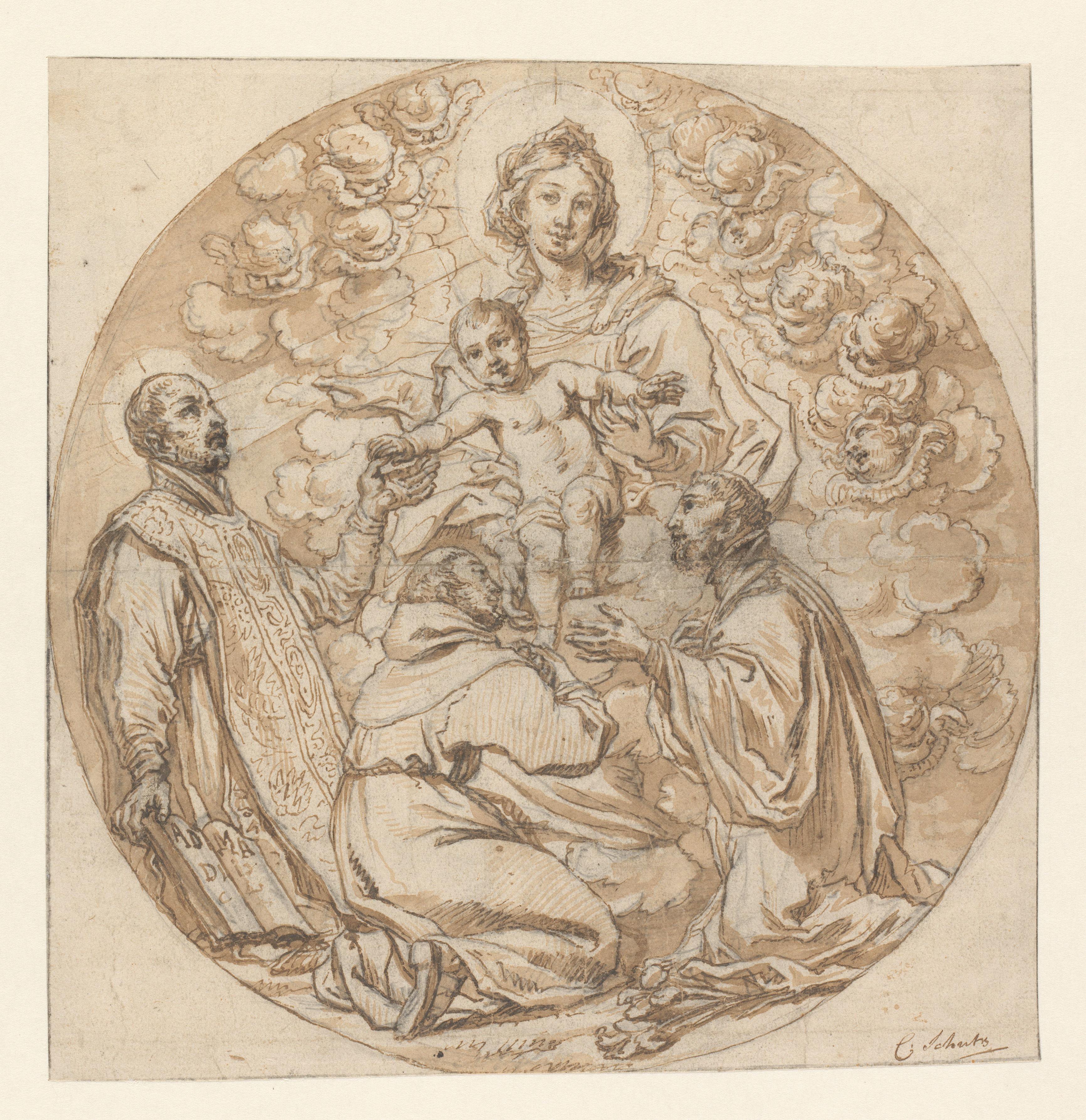 Maria met kind aanbeden door H. Ignatius van Loyola, H. Franciscus Xaverius en heilige monnik