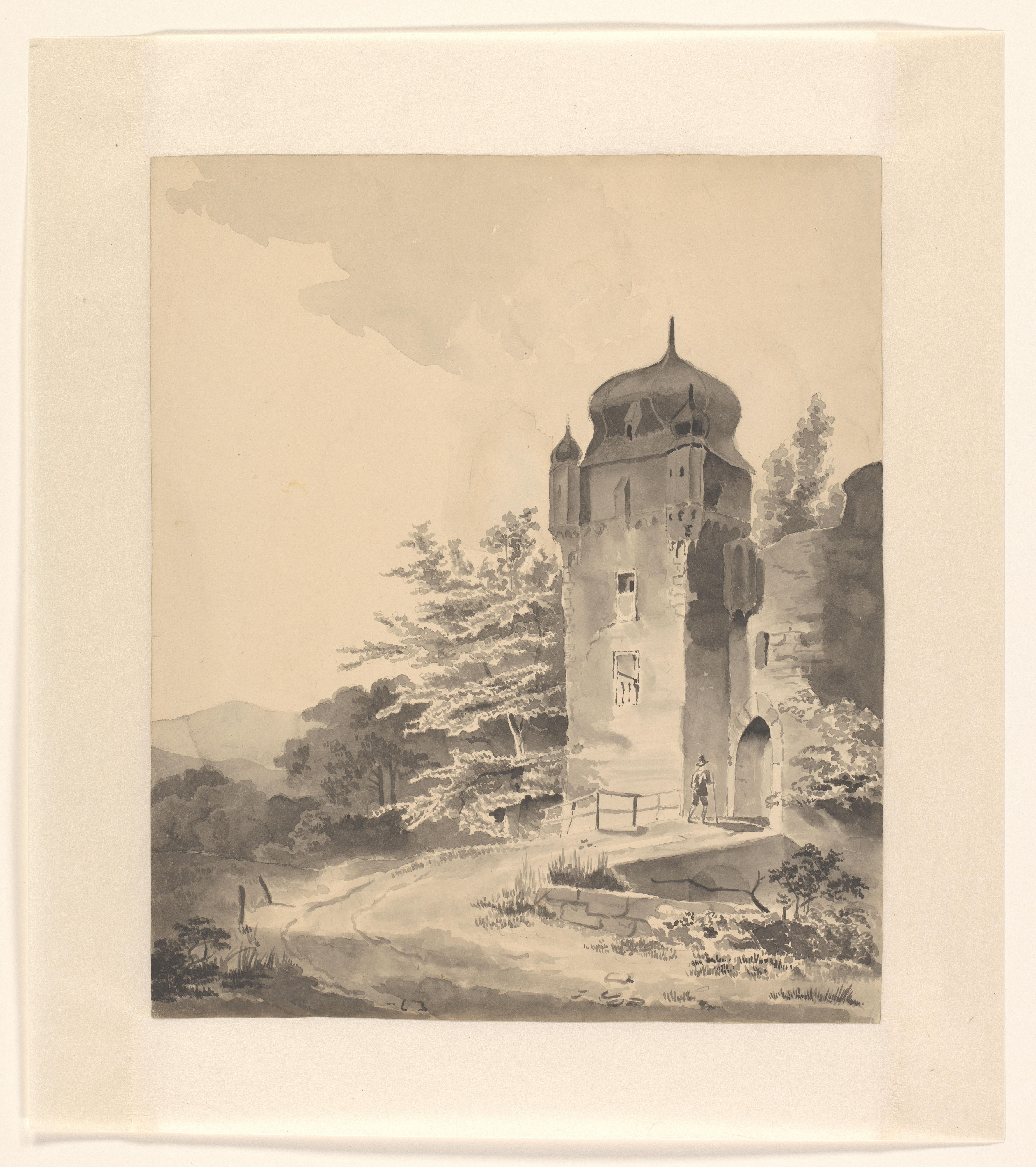 Berglandschap met wandelaar bij een toren